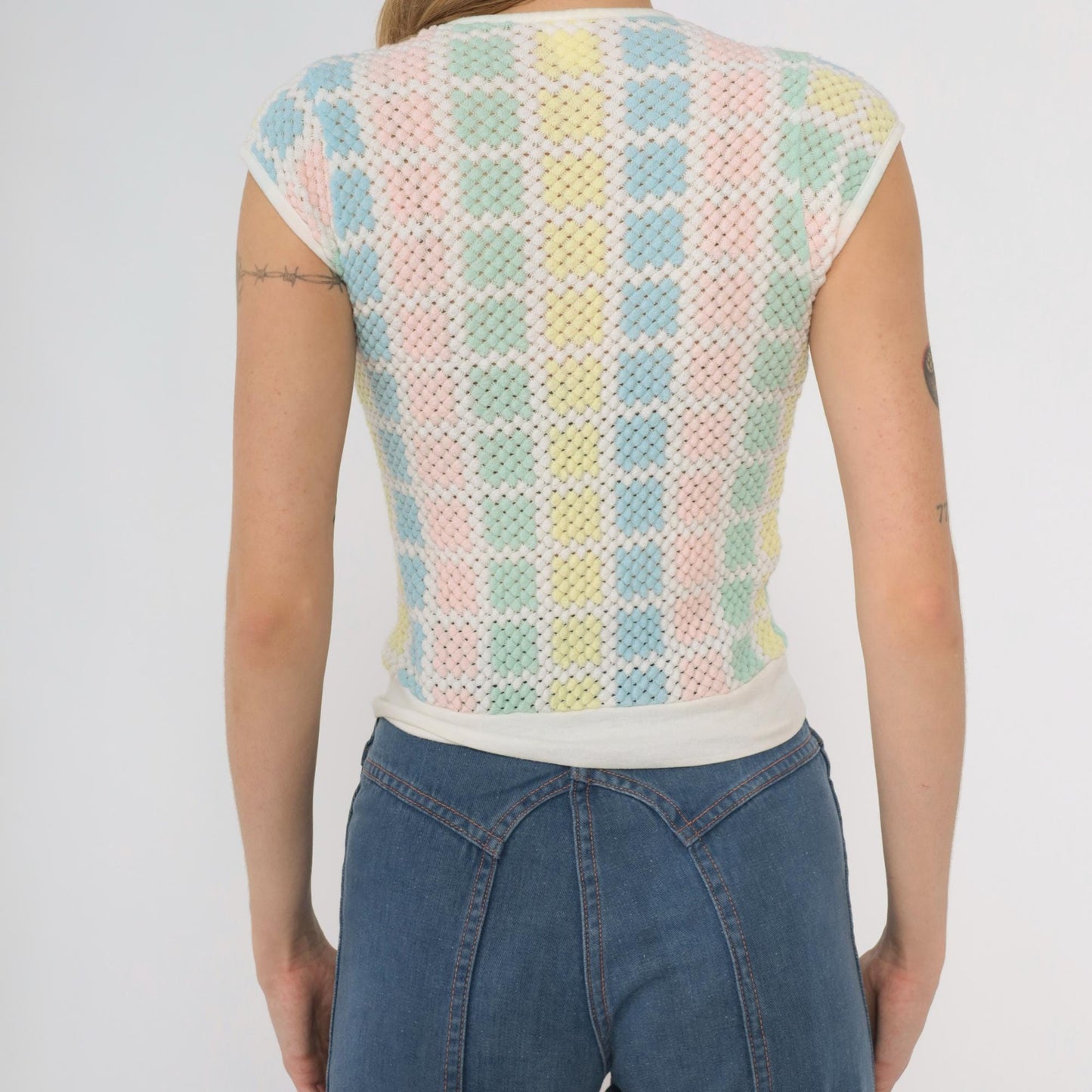 70s Pastel Checkered Mesh Crop Top V-Neck Cap Sleeve Pink Blue Yellow Mint Small