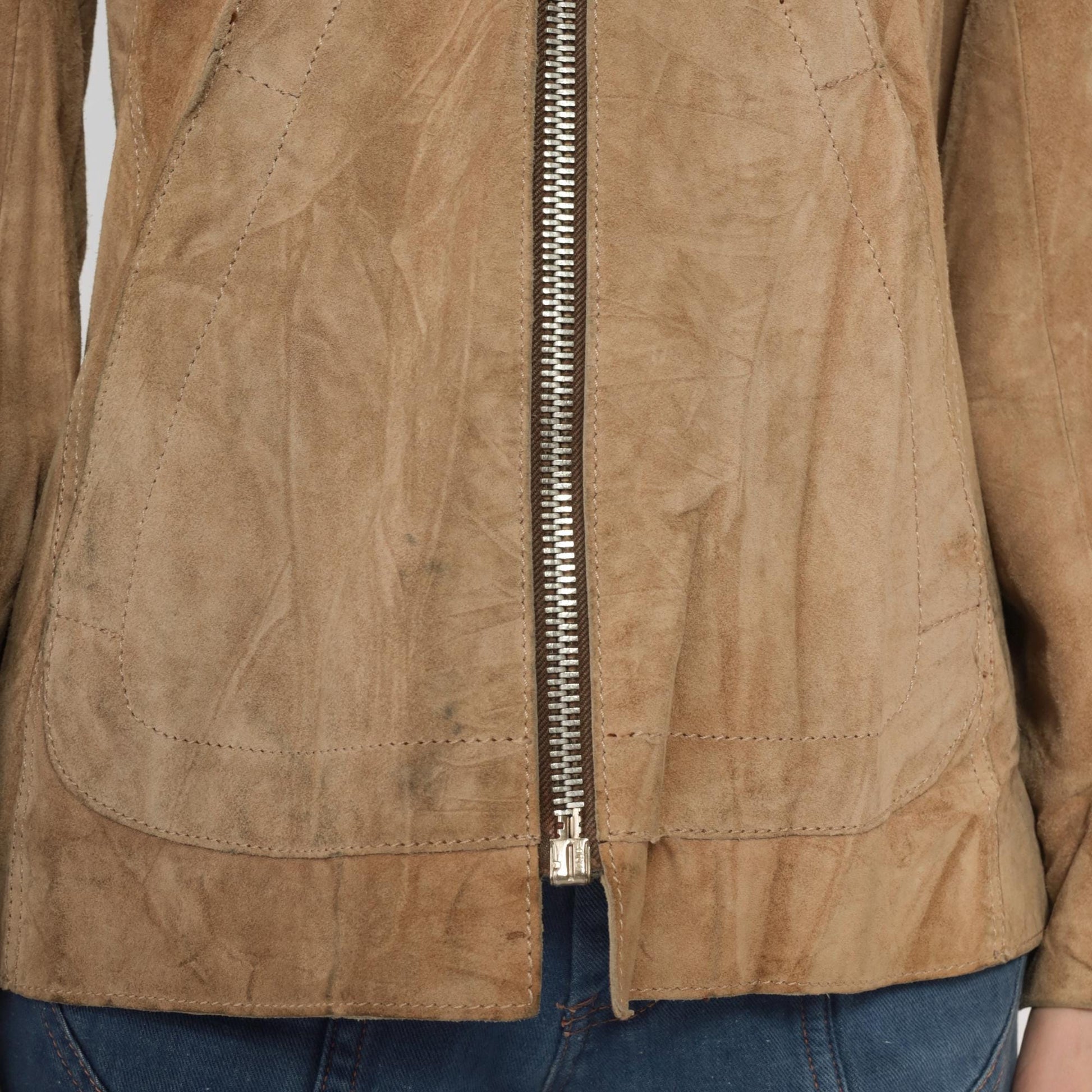 70s Tan Suede Hooded Jacket Zip Front Leather Small S