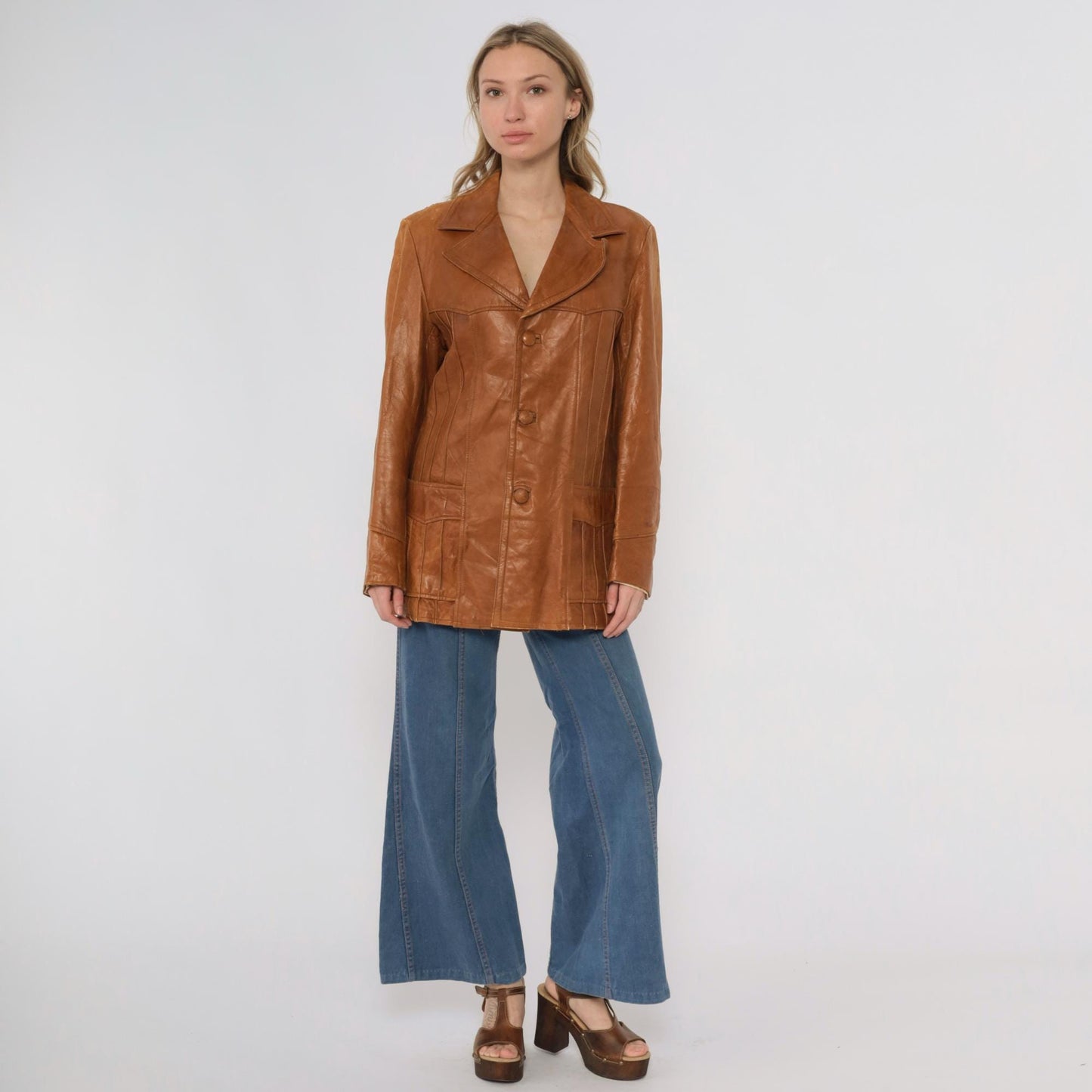70s Roberts Fine Leather Brown Blazer Button Front Distressed Medium