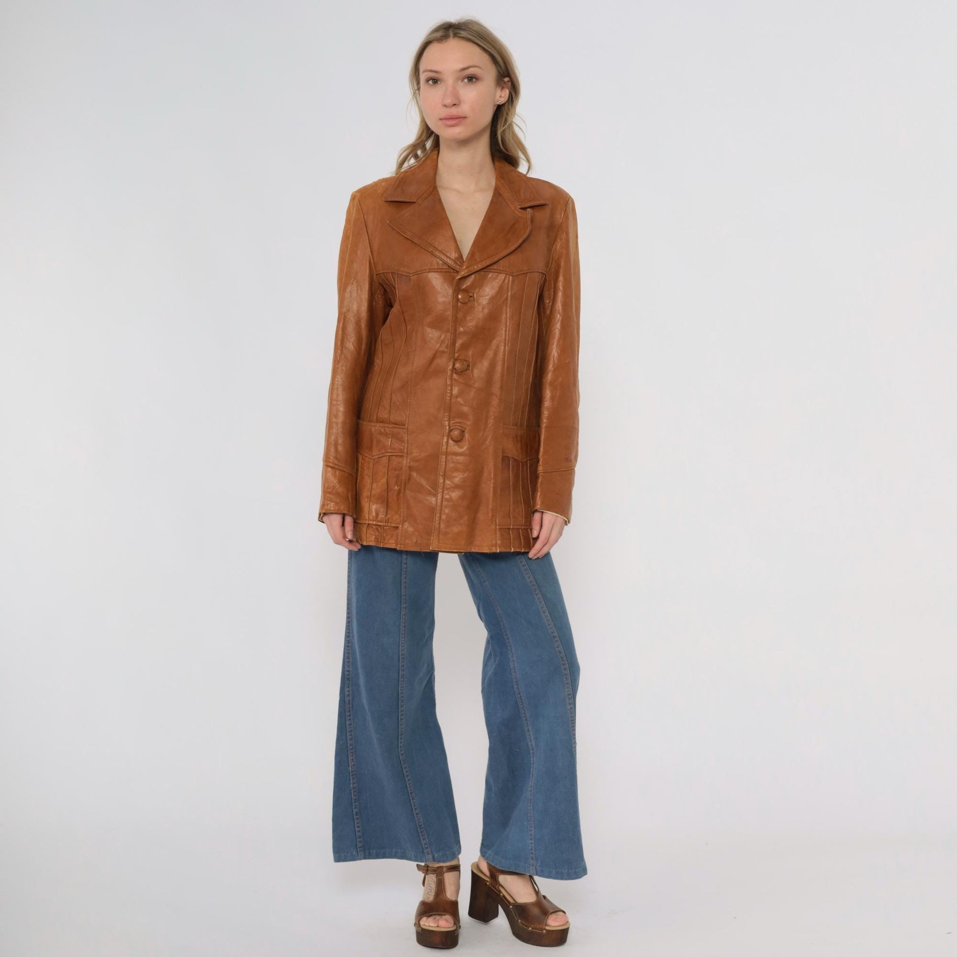 70s Roberts Fine Leather Brown Blazer Button Front Distressed Medium