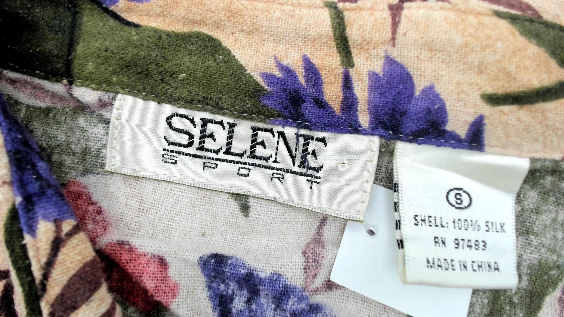 90s Selene Sport Silk Floral Button-Down Blouse Beige Hibiscus Small S