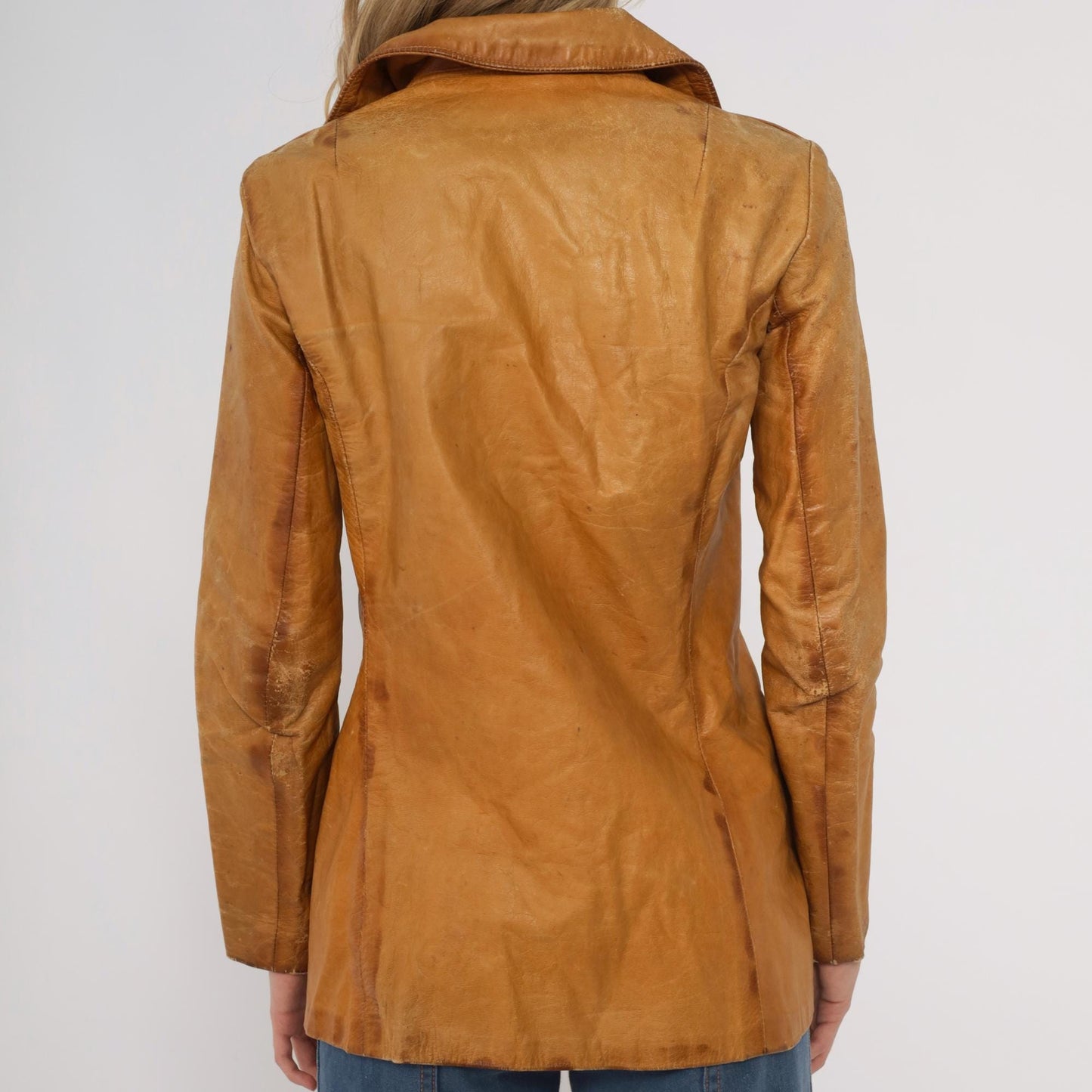 70s Tan Leather Jacket Button Front Pointed Collar Distressed XS