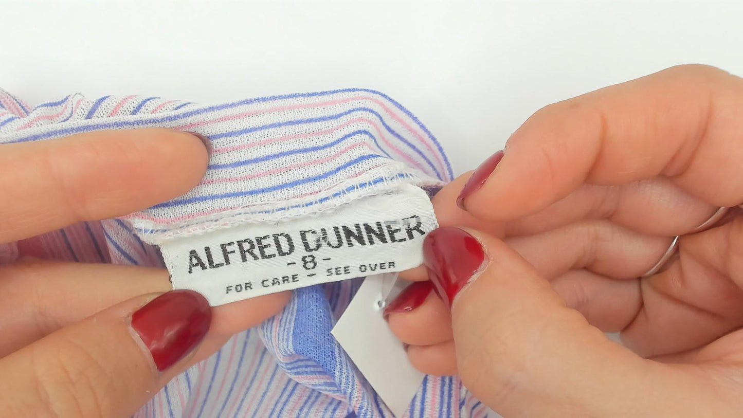 70s Alfred Dunner Striped Pussy Bow Blouse Pink Blue Button Up Small