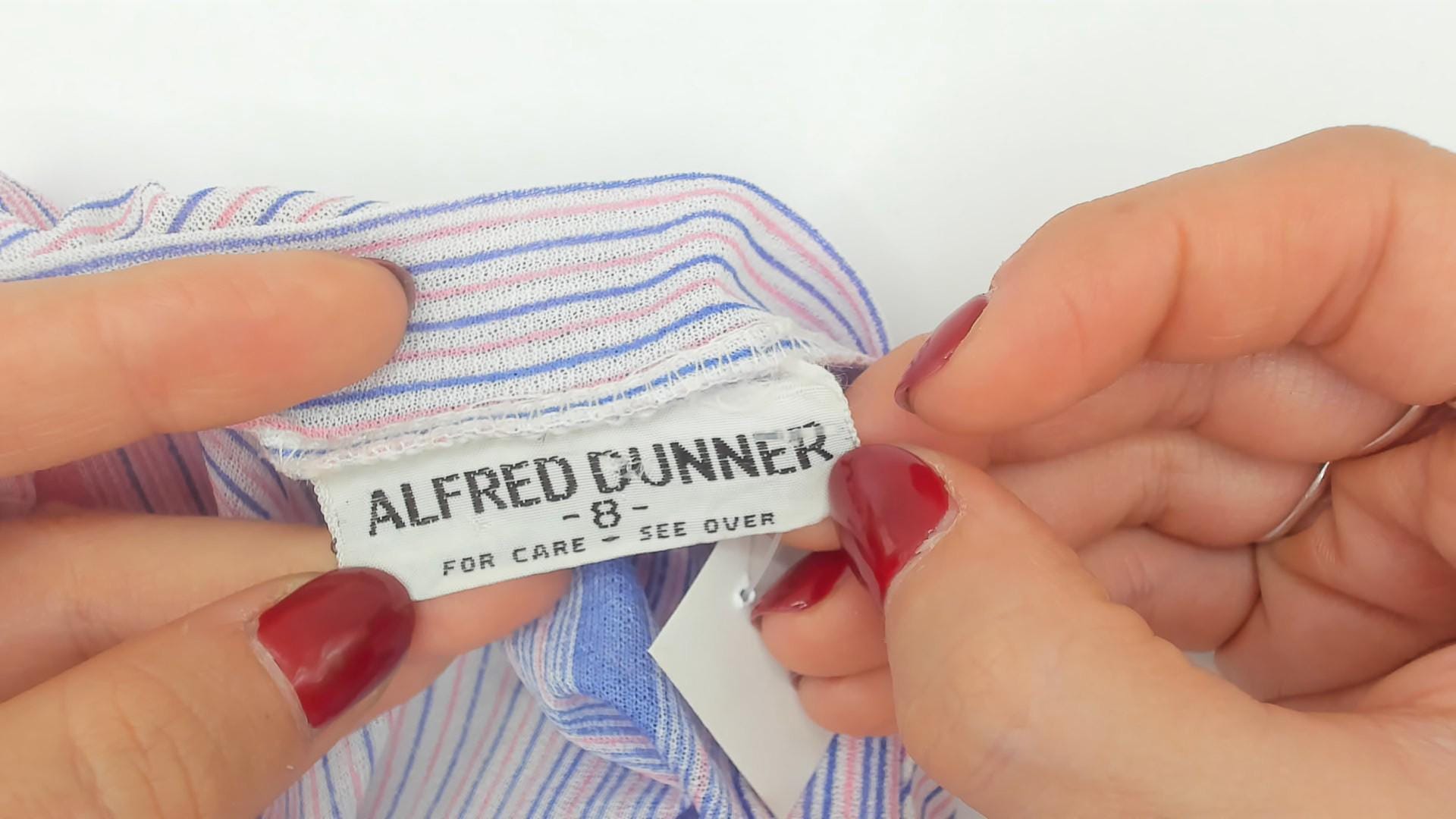 70s Alfred Dunner Striped Pussy Bow Blouse Pink Blue Button Up Small