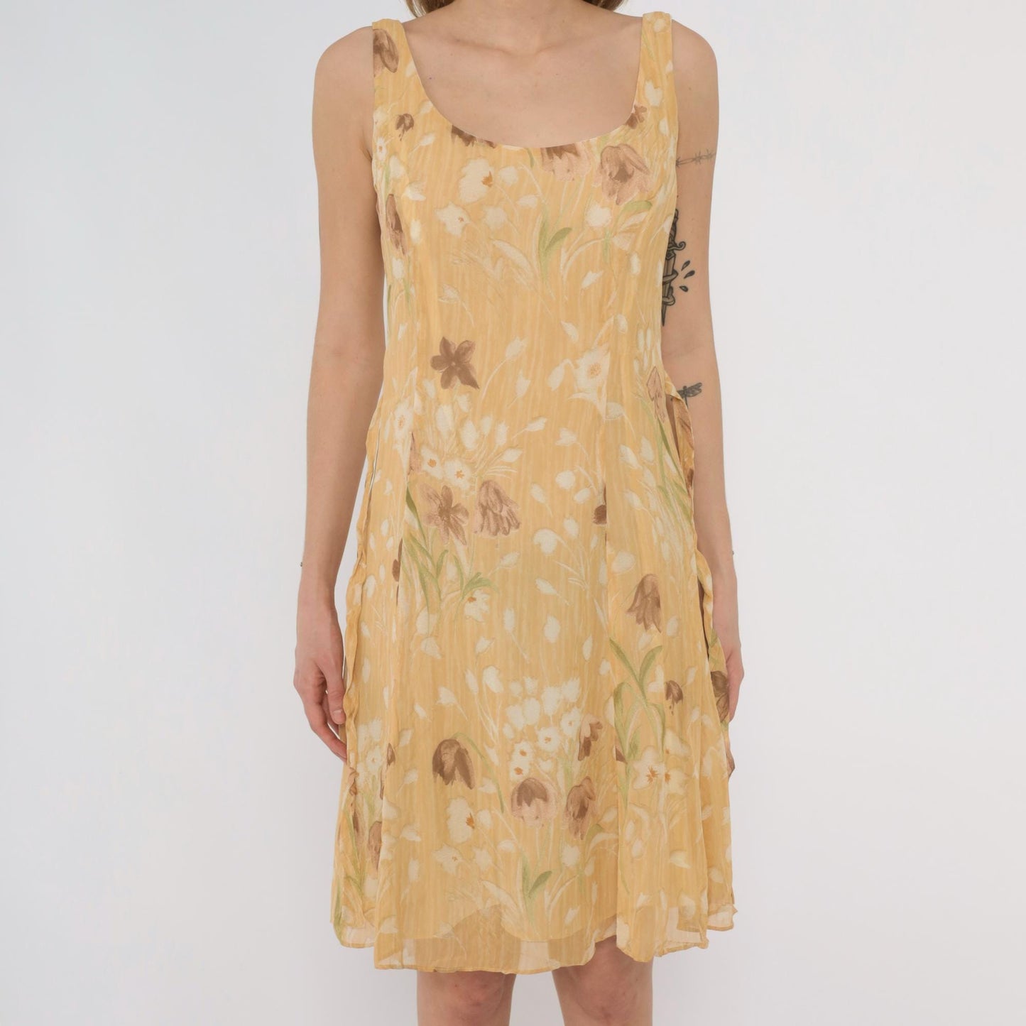 90s Barami Silk Floral Sundress Yellow Daisy Mini Tank Scoop Neck Extra Small