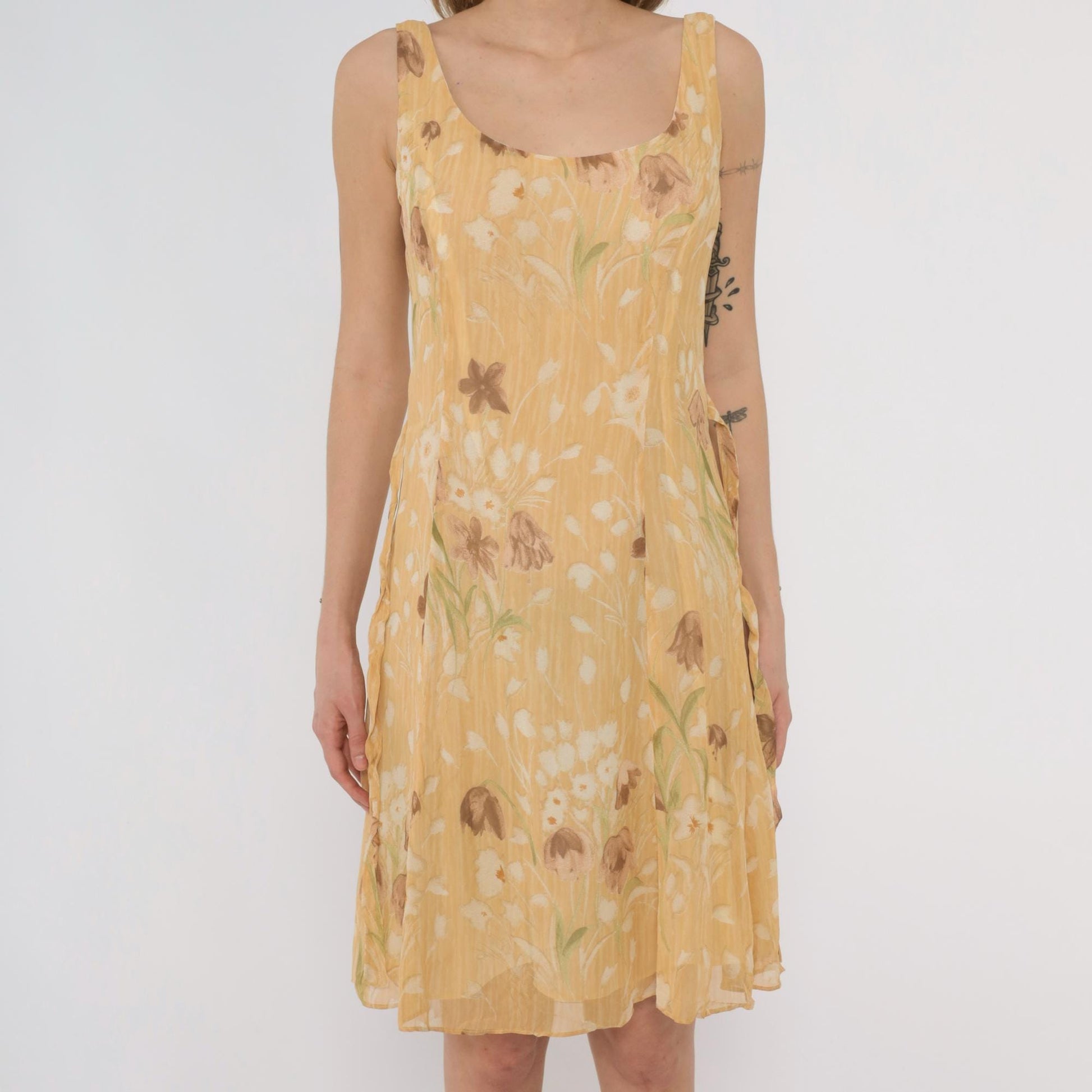 90s Barami Silk Floral Sundress Yellow Daisy Mini Tank Scoop Neck Extra Small