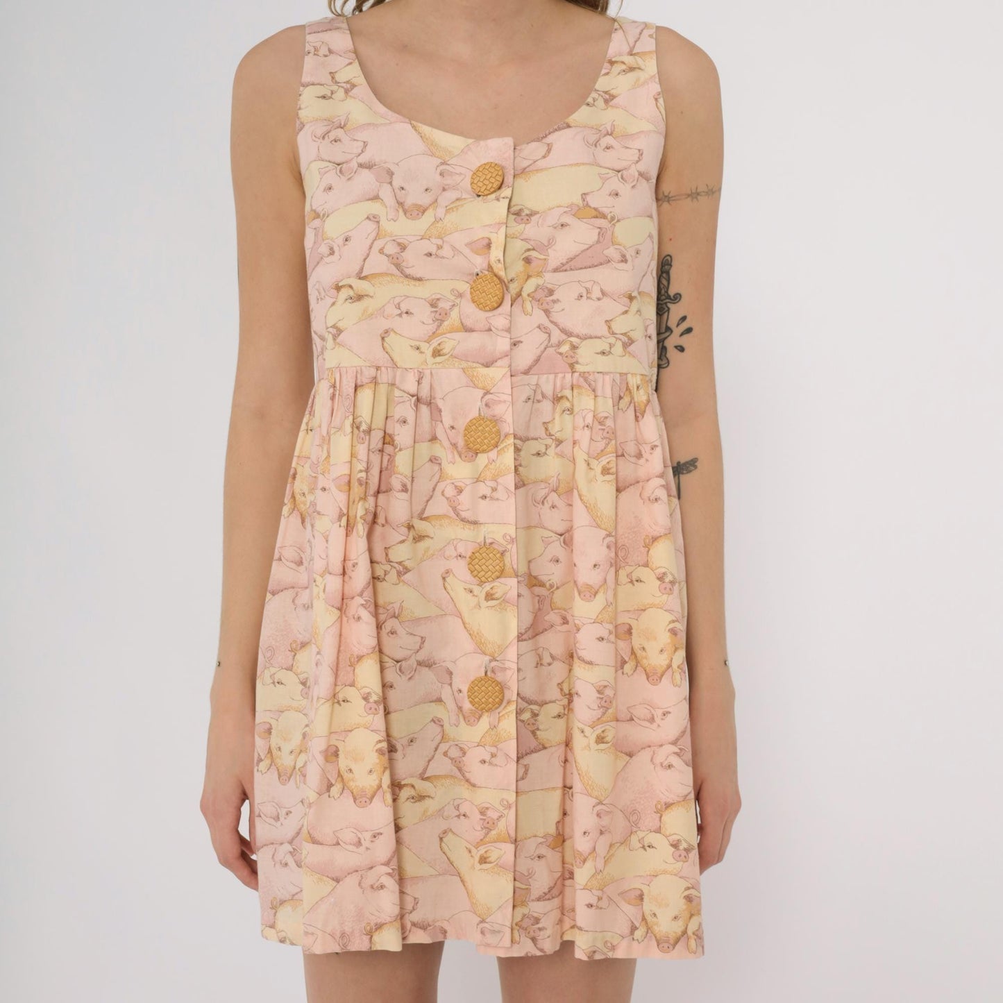80s Pig Print Mini Dress Pink Yellow Empire Waist Button Front Small
