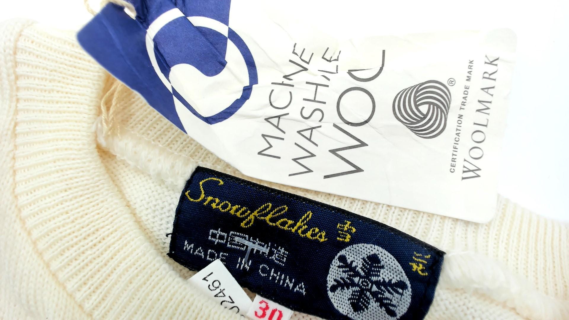 80s Snowflakes Wool Sweater Cream Ribbed Knit Crewneck XS