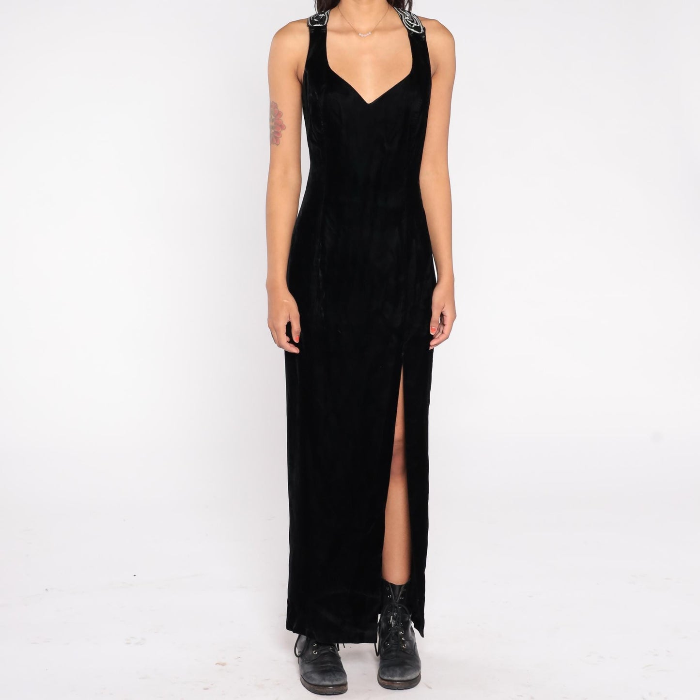 90s Roberta Black Velvet Maxi Gown Silver Embroidered Cross-Back Medium