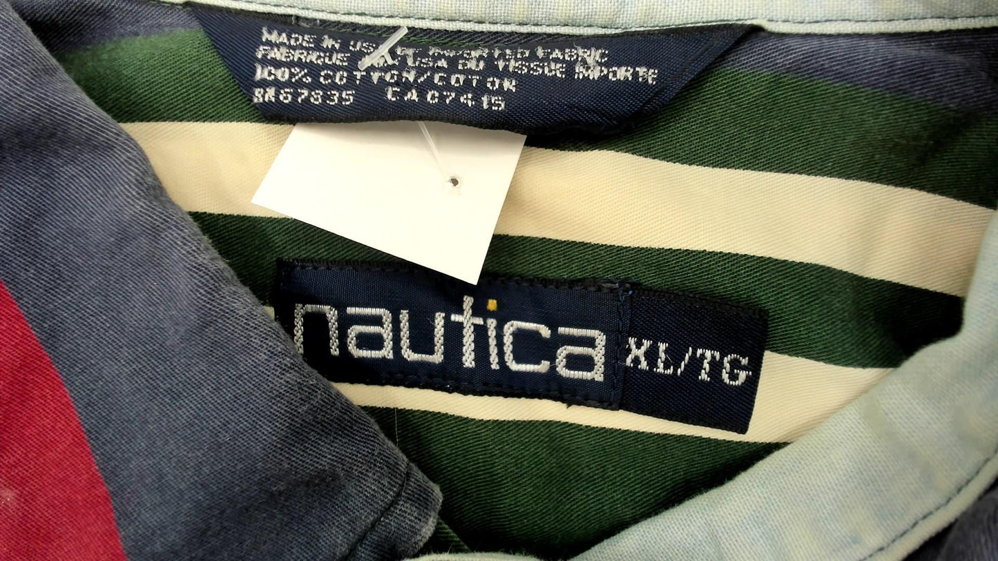 90s Nautica Striped Cotton Button Down Shirt Navy Burgundy Green XL