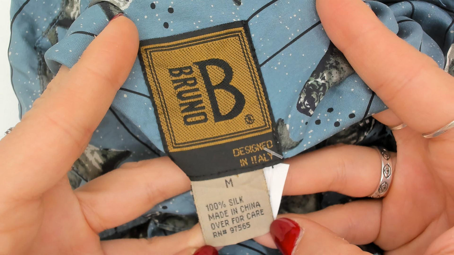 90s Bruno Silk Fish Print Button Down Shirt Blue Medium M