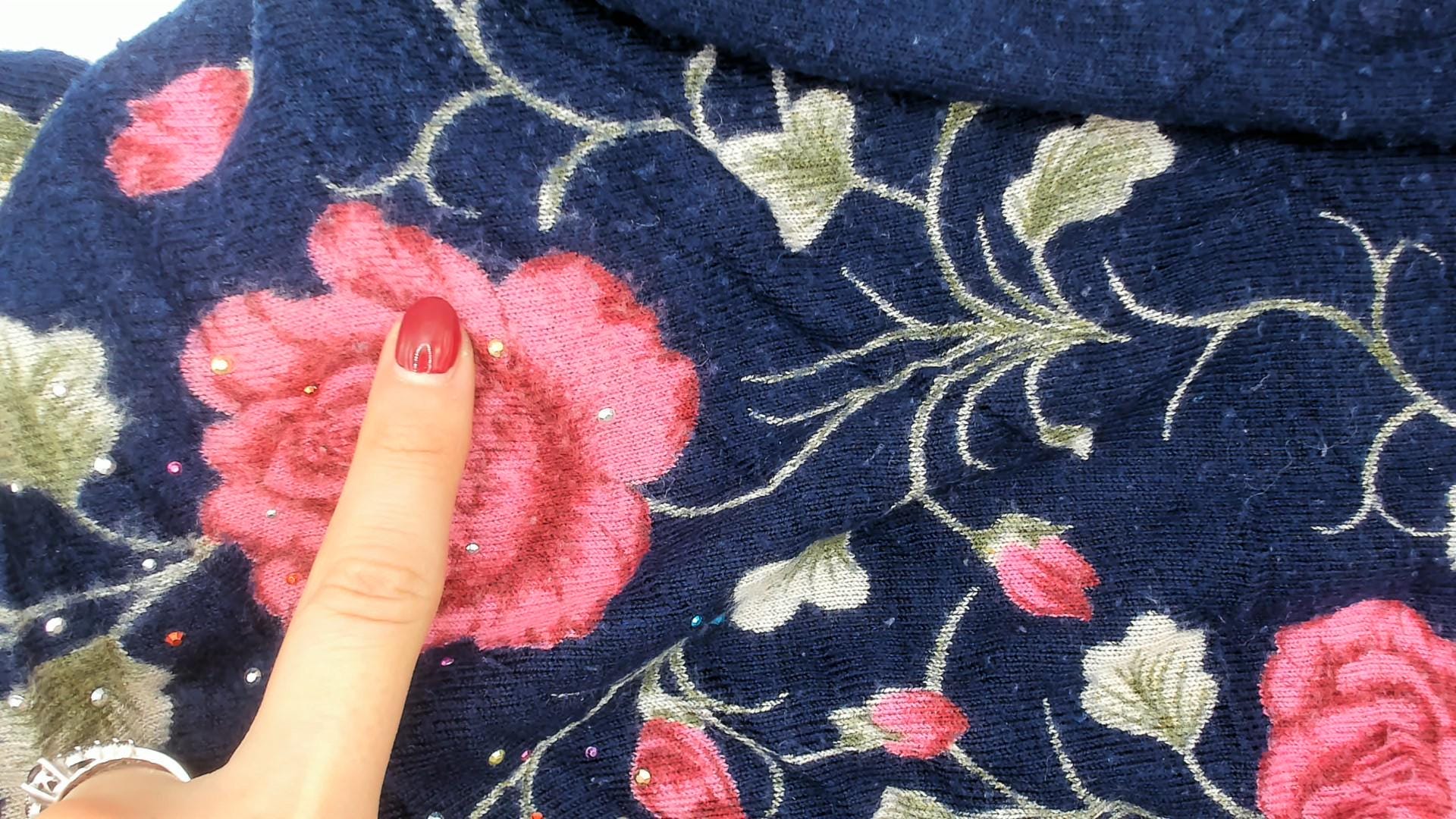 90s Navy Rose Embroidered Sweater Pink Beaded Knit Pullover Large L