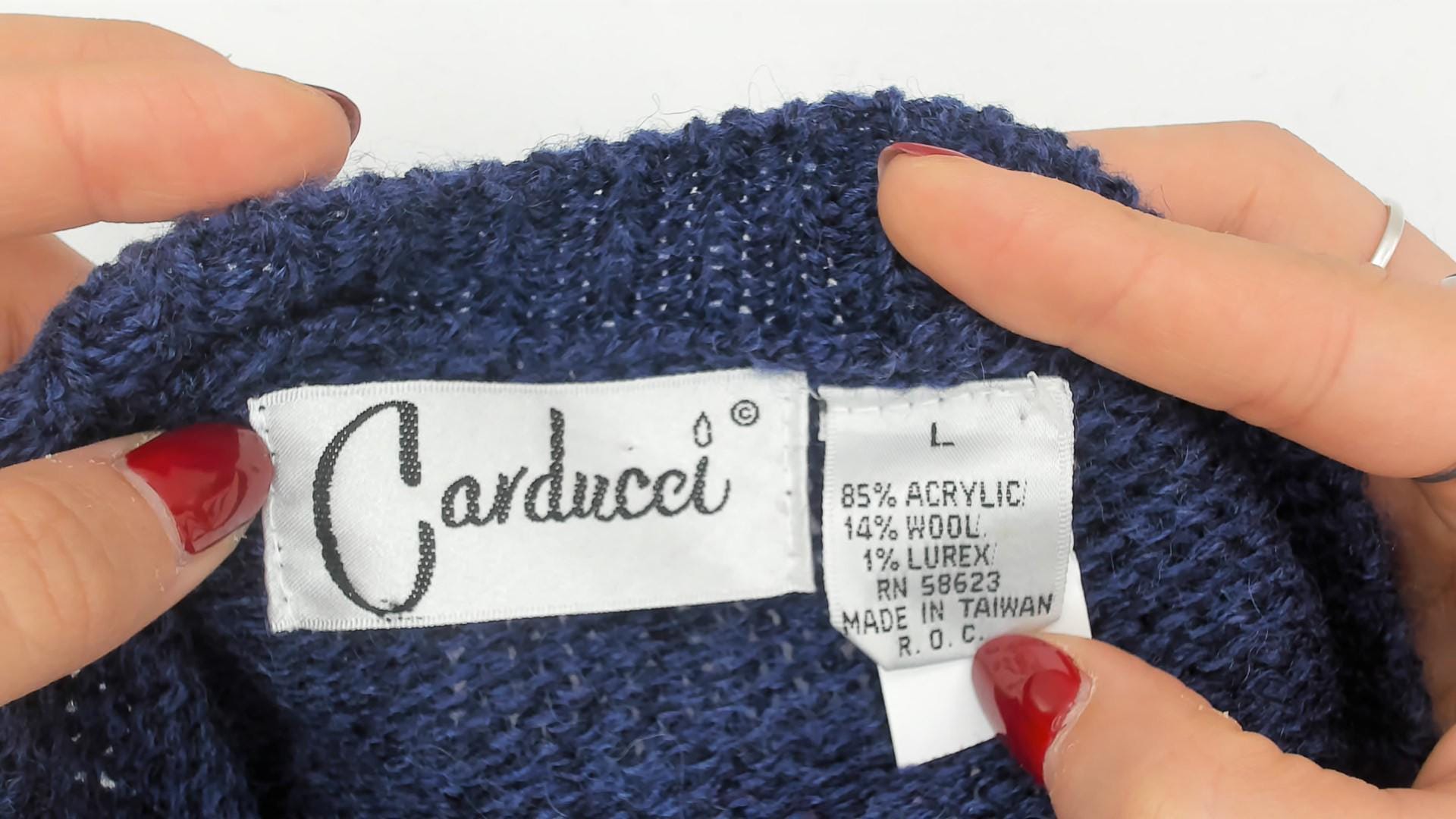 80s Carducci Navy Geometric Knit Pullover Balloon Sleeve V-Neck Large L