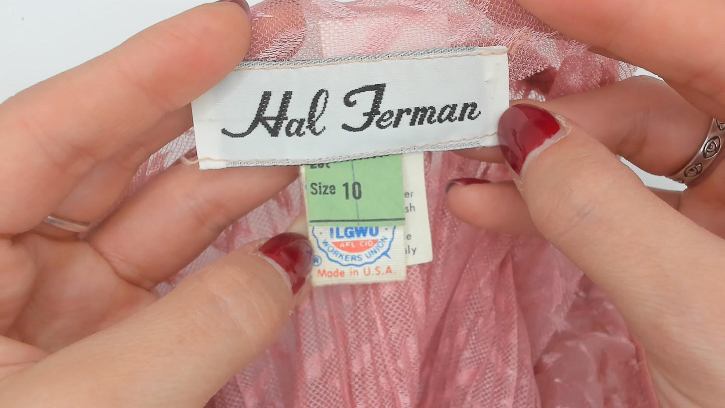 70s Hal Ferman Disco Dress Pink Metallic Peplum Long Sleeve Medium