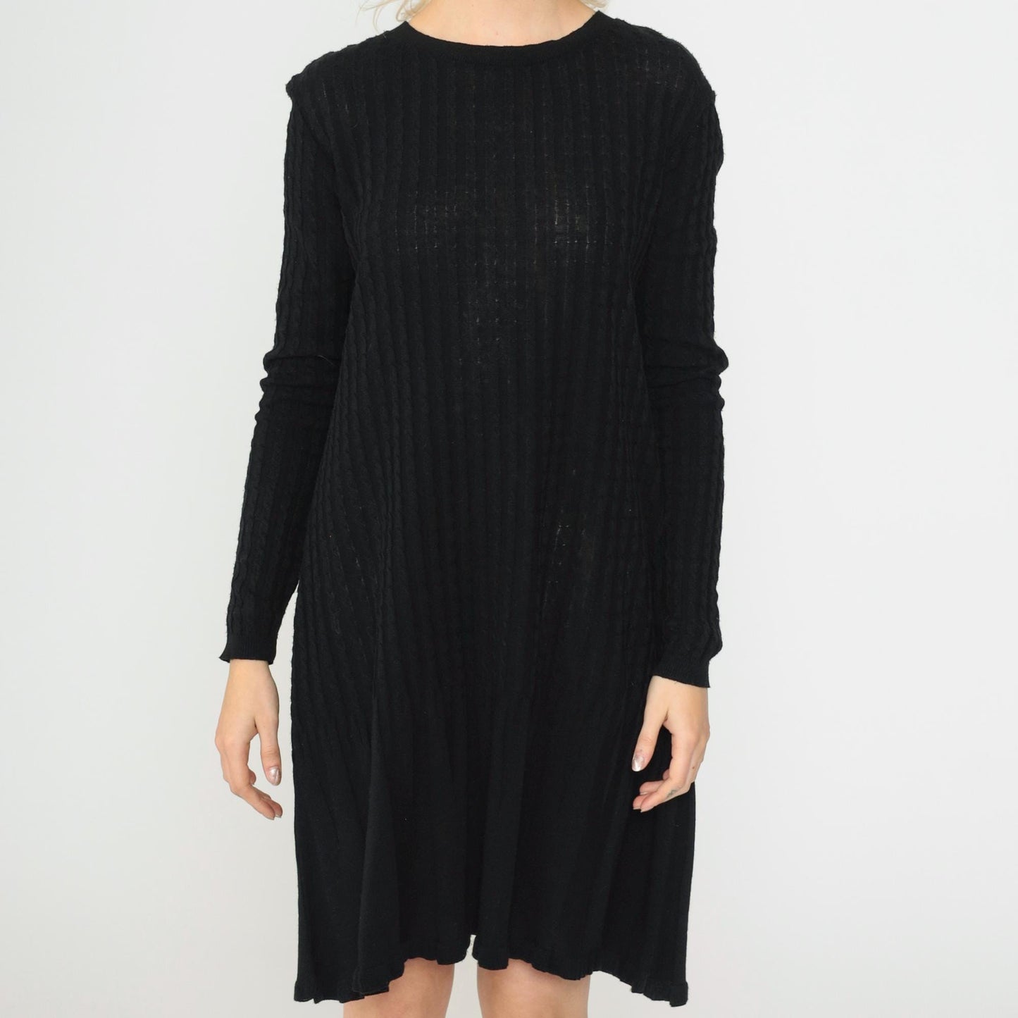 90s K Studio Black Ribbed Knit Sweater Dress Scalloped Hem Large