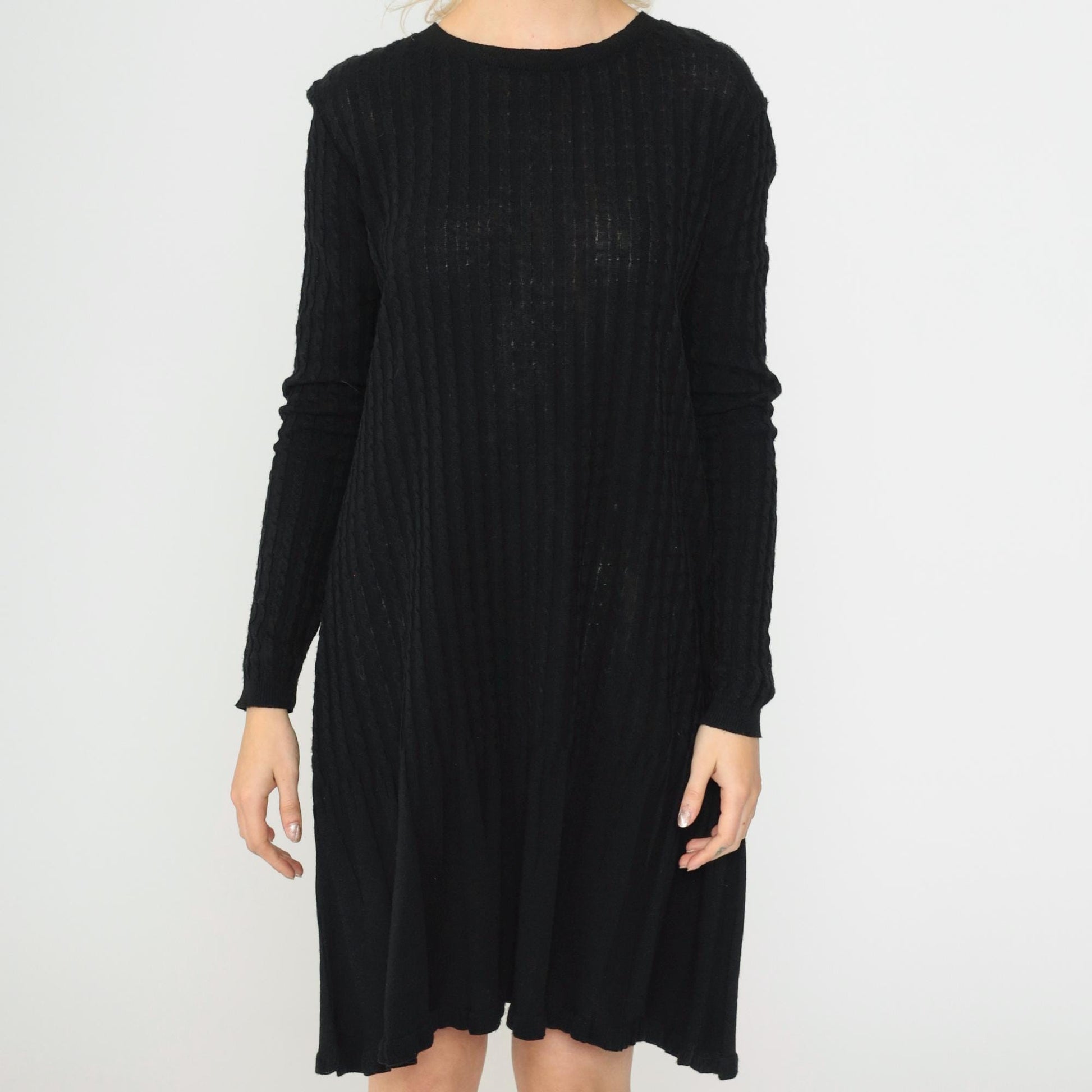 90s K Studio Black Ribbed Knit Sweater Dress Scalloped Hem Large