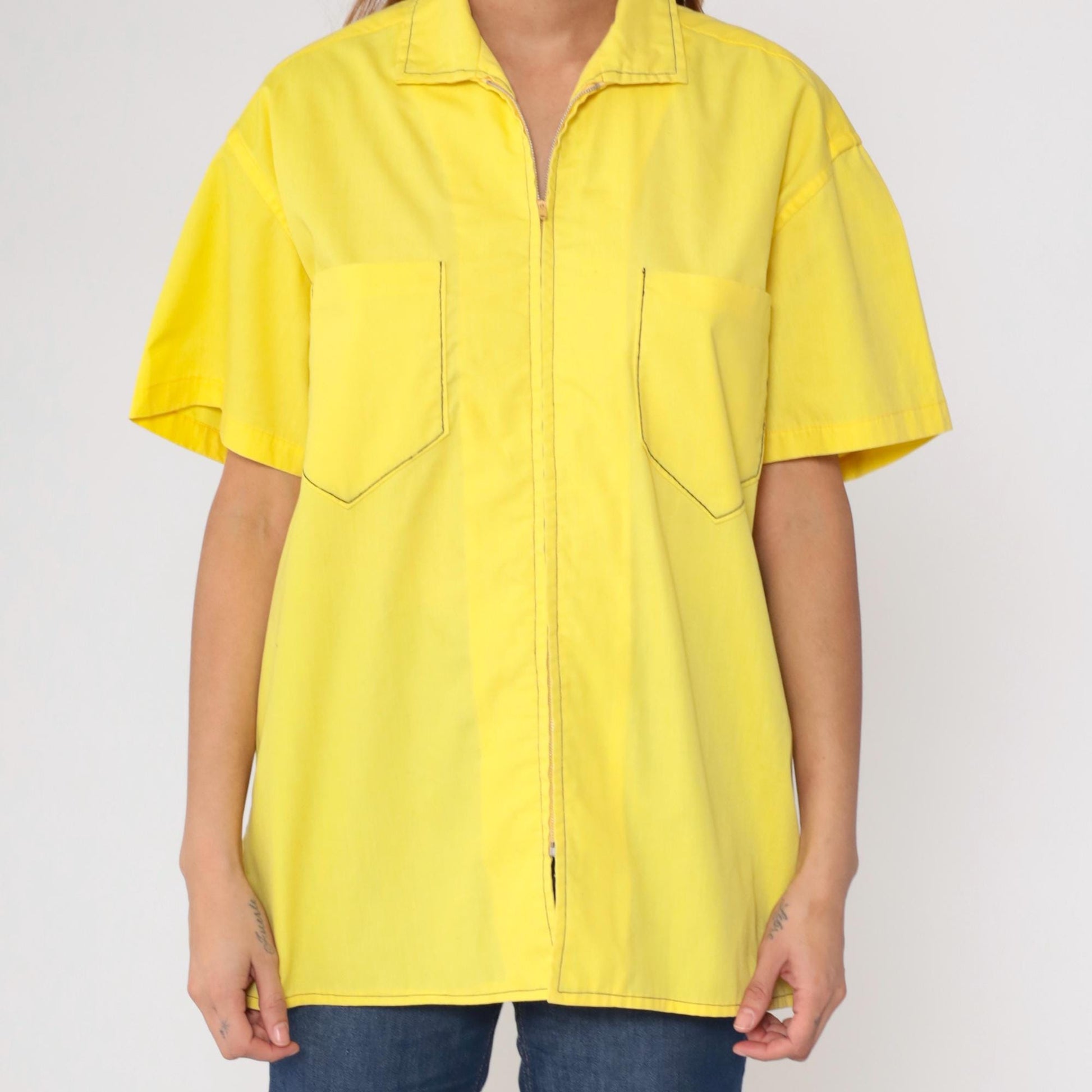 70s Yellow Zip-Front Work Shirt Cotton Blend Utility Pockets Extra Large XL