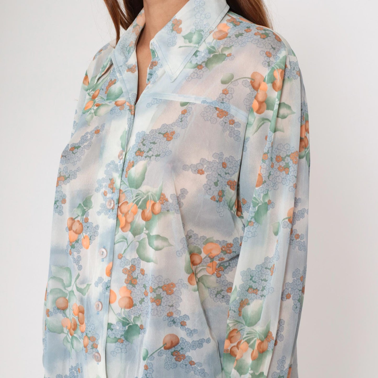 70s Berry Blouse Sheer Blue Orange Watercolor Floral Button Up Long Sleeve Large L