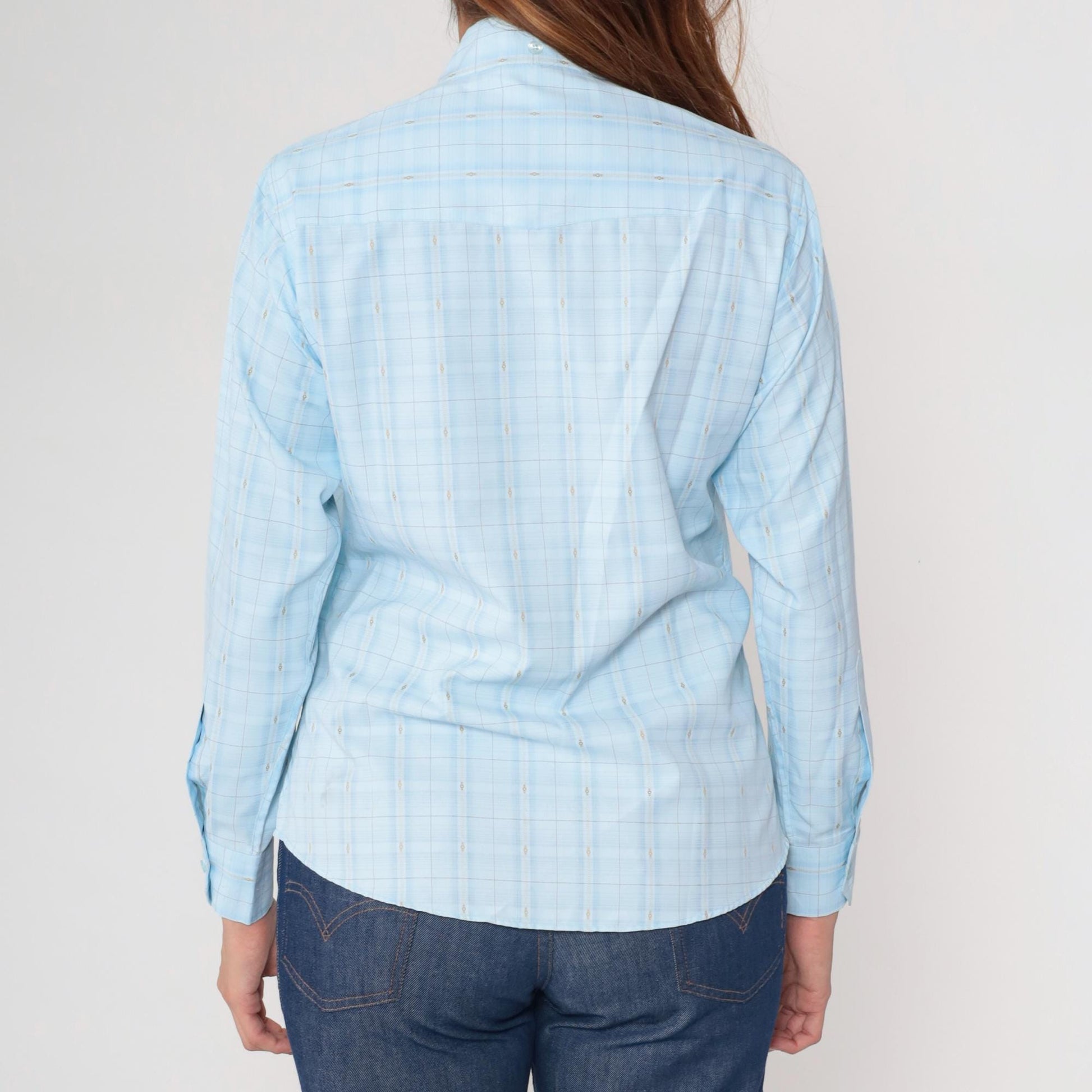 80s Royal Highness Powder Blue Mandarin Collar Blouse Windowpane Check Large