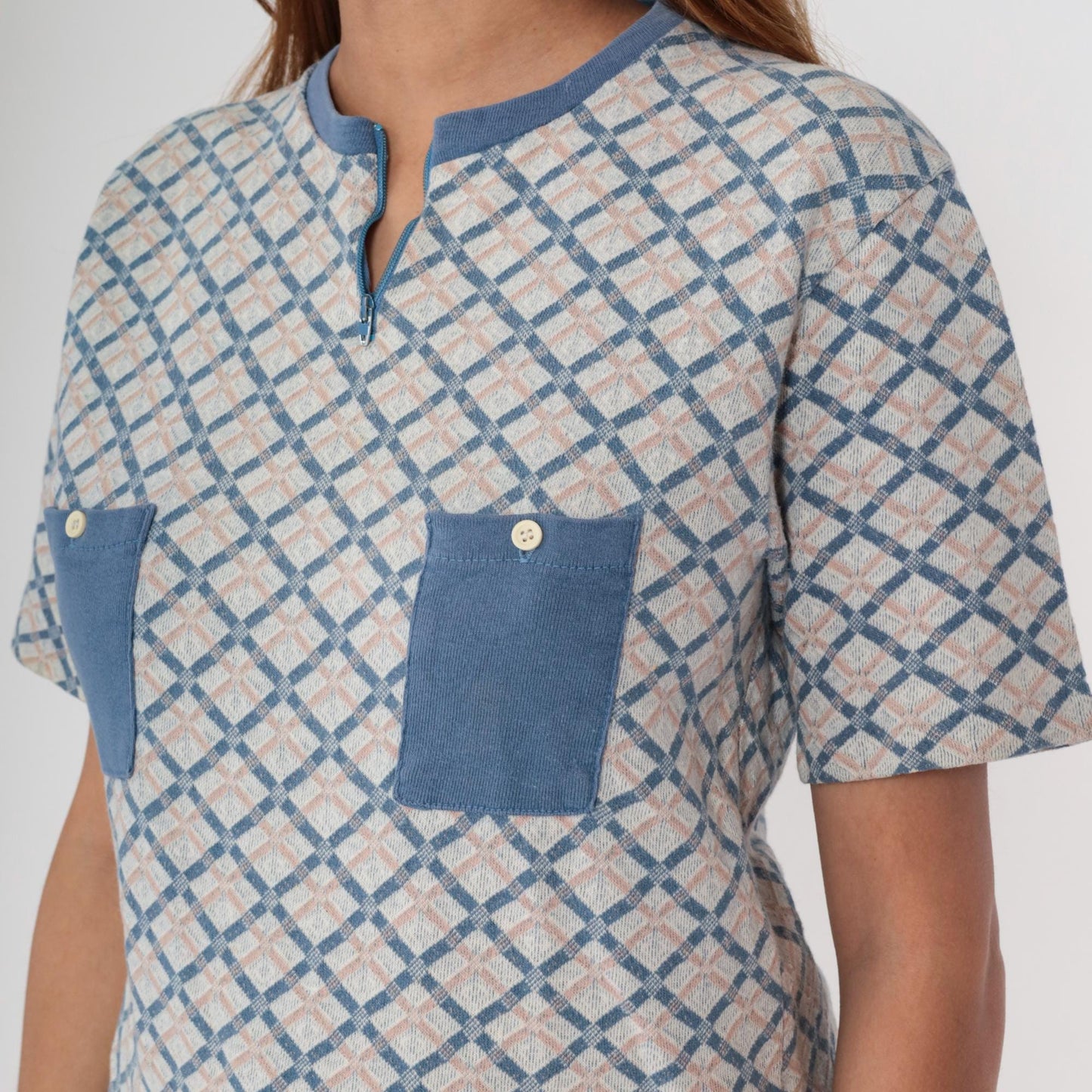 70s Mr. Alfred Diamond Knit Henley Pullover Blue Peach Cream Medium