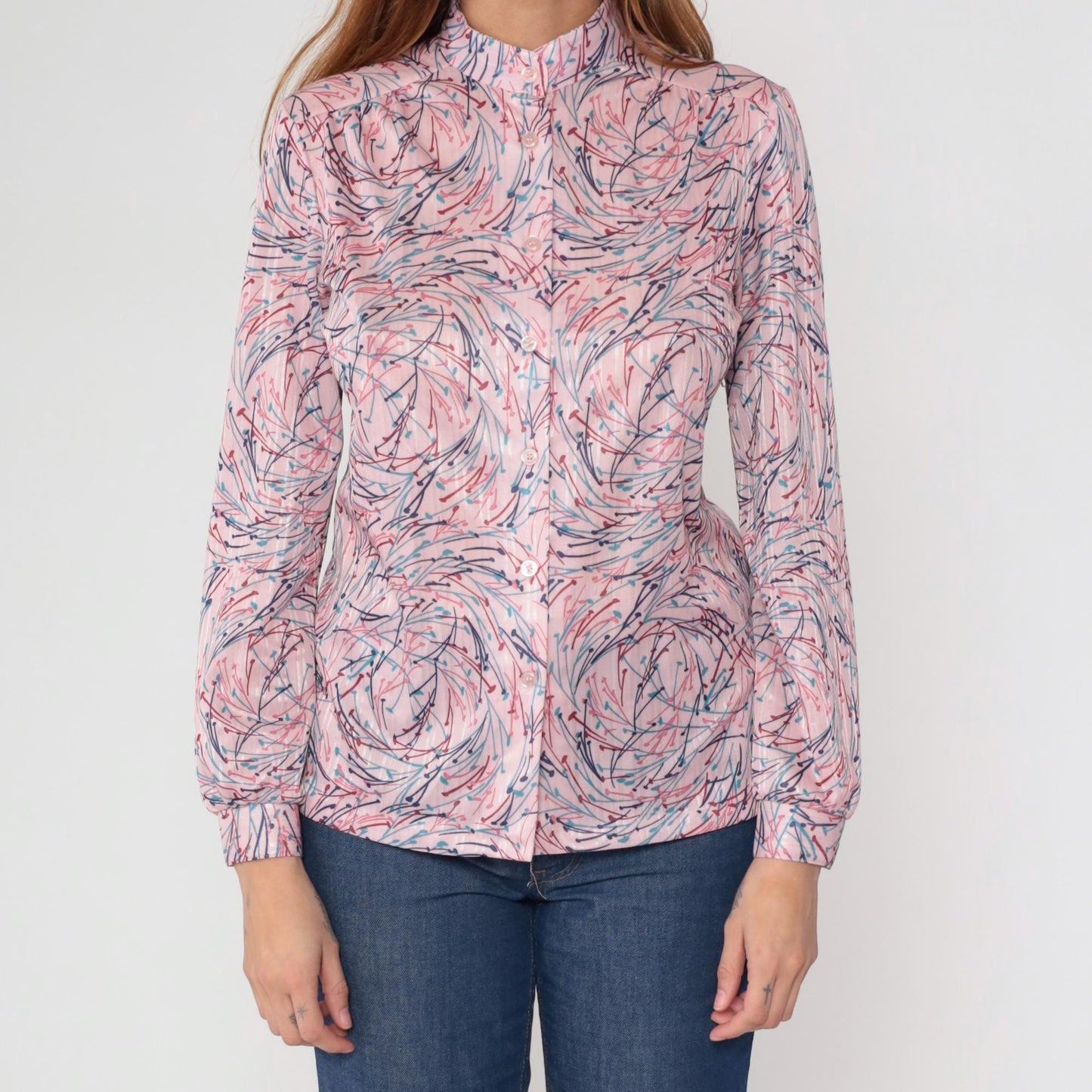 70s Devon Abstract Brushstroke Blouse Pink Navy Mandarin Collar Medium M