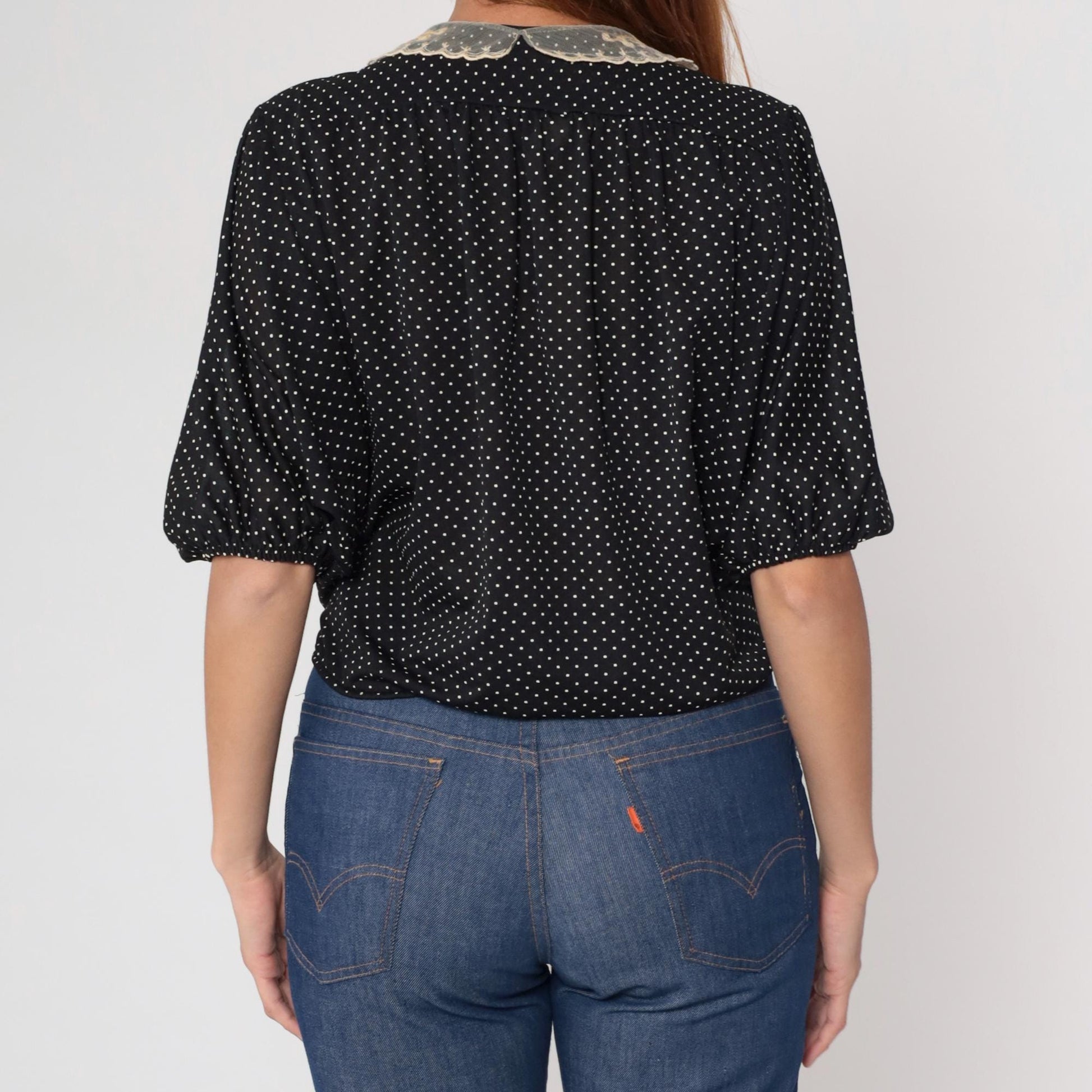 70s Black White Polka Dot Puff Sleeve Blouse Peter Pan Lace Collar Small