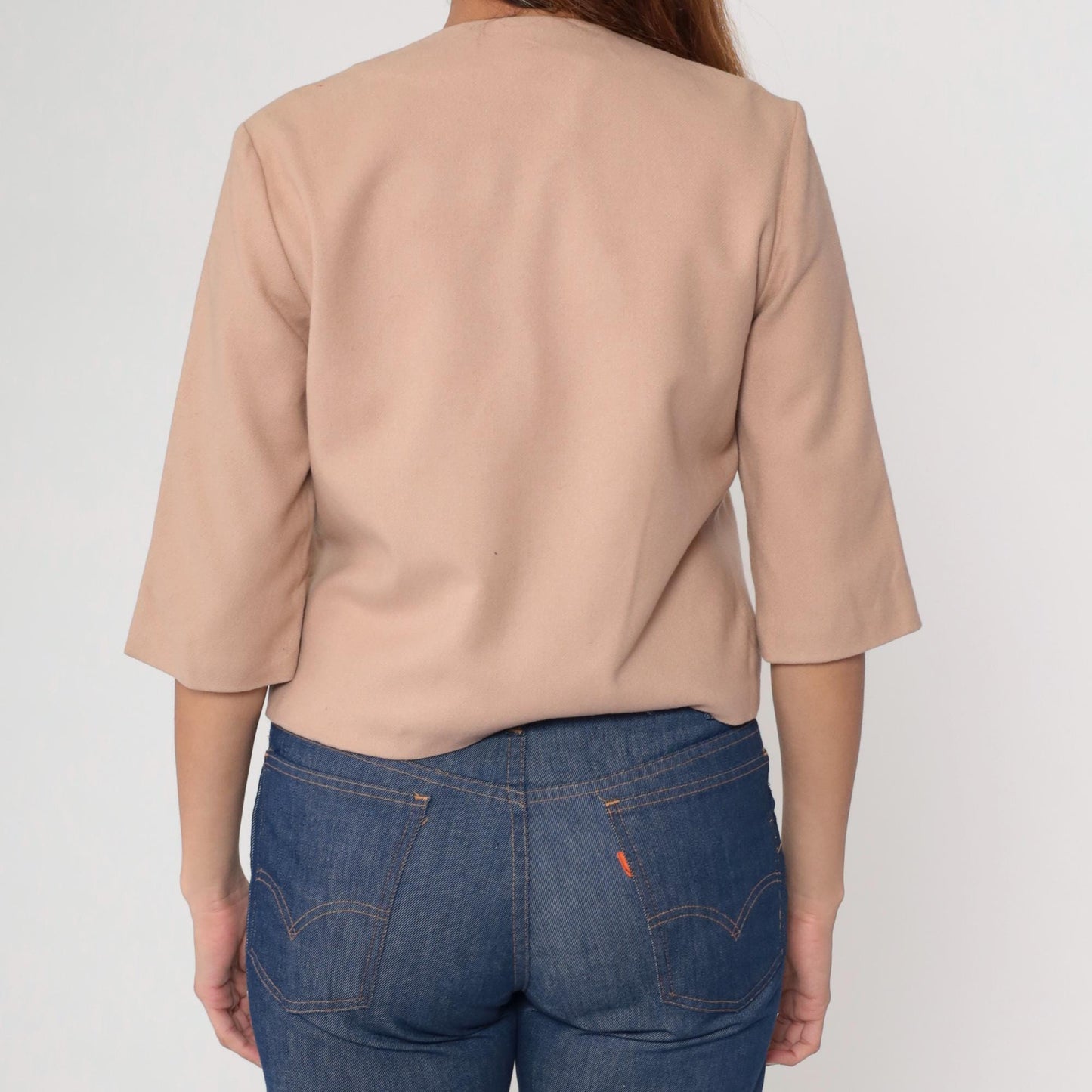 60s Beige Wool Cropped Jacket Pink Buttons Round Neck Short Sleeve Small S