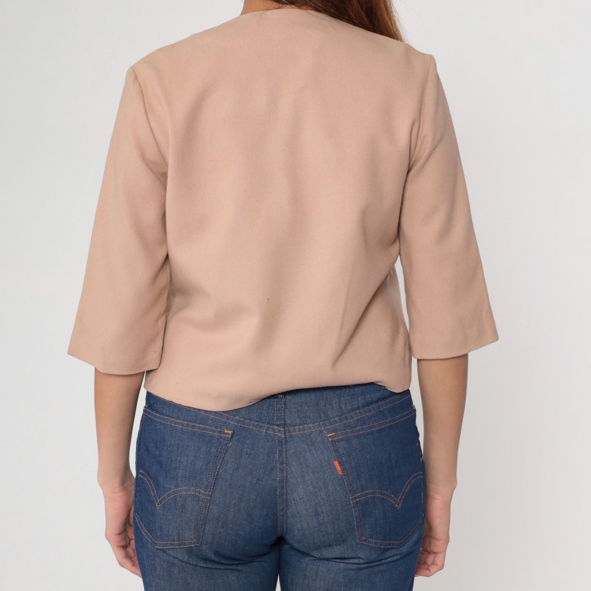 60s Beige Wool Cropped Jacket Pink Buttons Round Neck Short Sleeve Small S