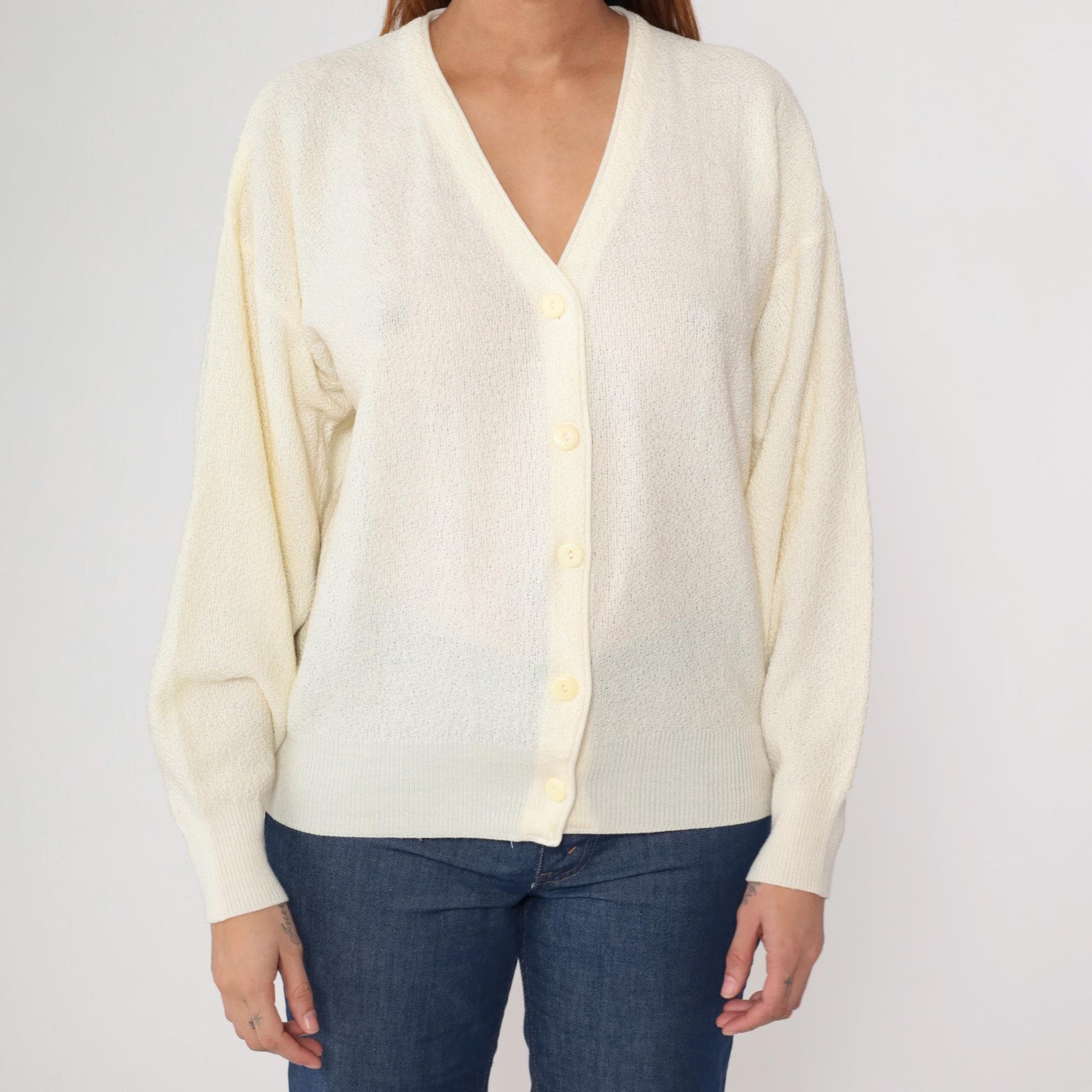 70s Cream Cardigan Button Front V Neck Long Sleeve Knit Medium Large