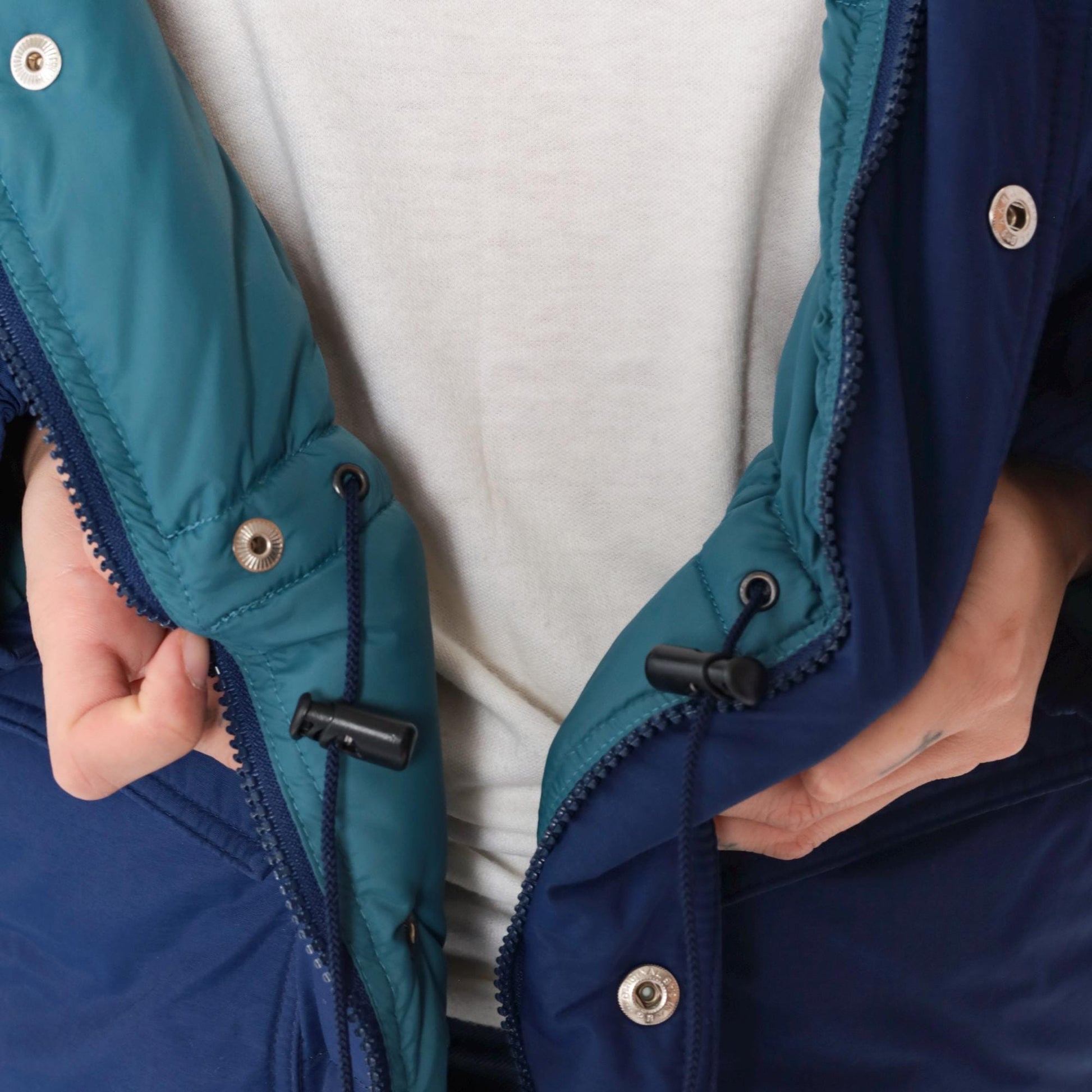 Y2K REI Goose Down Puffer Jacket Navy Teal Colorblock Hooded Extra Large XL