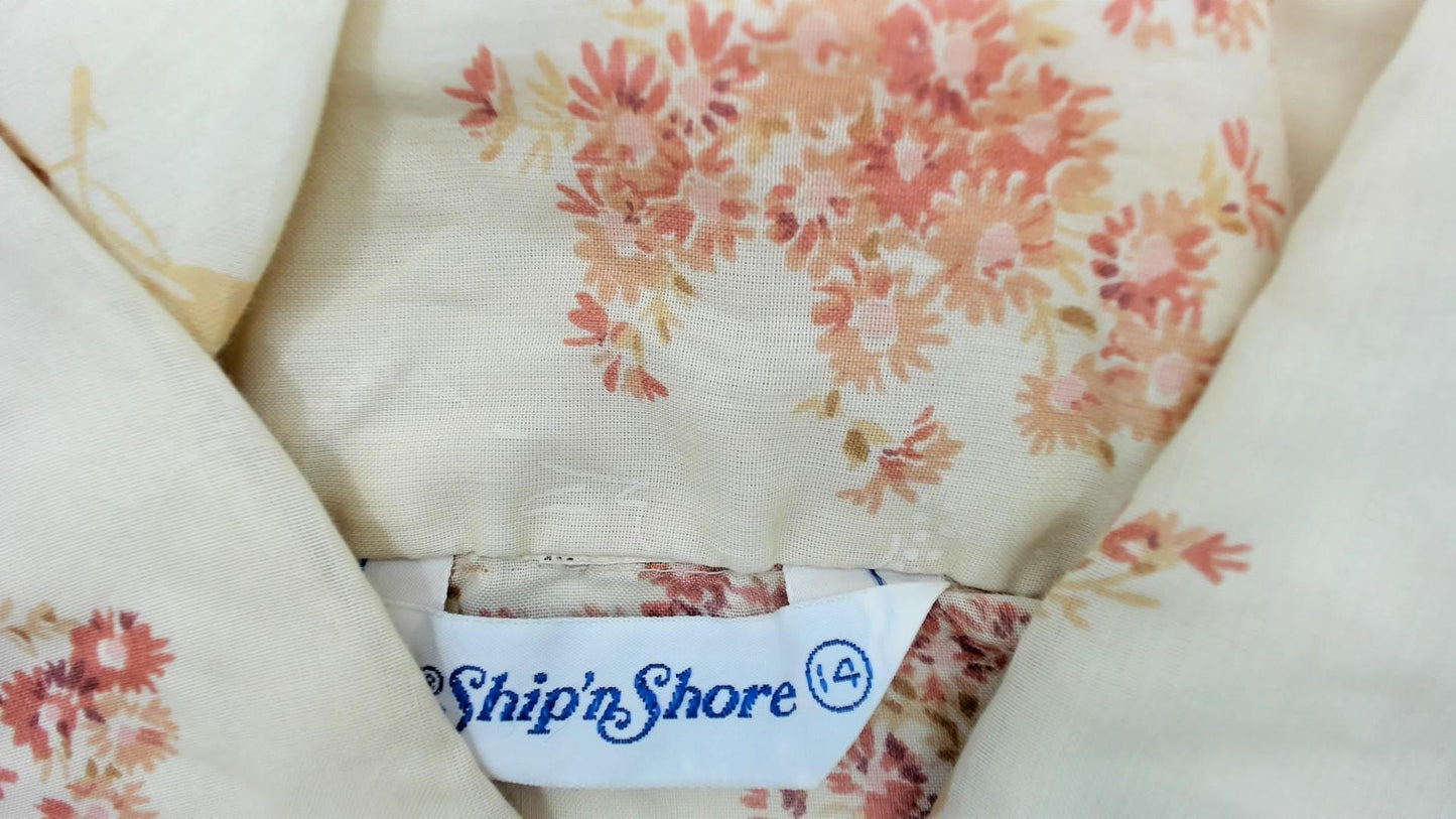 70s Ship n Shore Floral Button-Up Blouse Cream Peach Blossoms Medium M