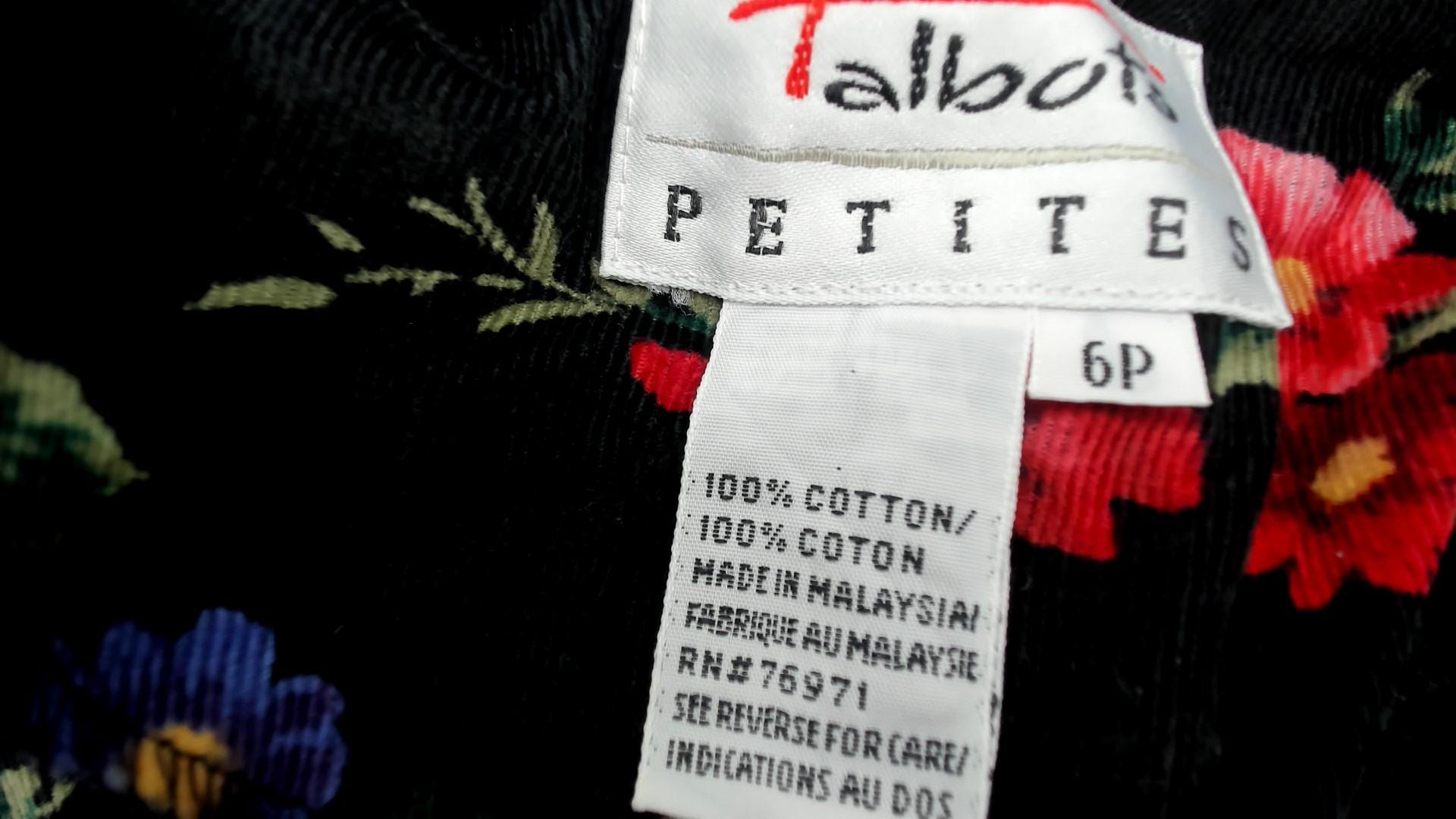 90s Talbots Floral Corduroy Midi Dress Black Button Front Long Sleeve Medium