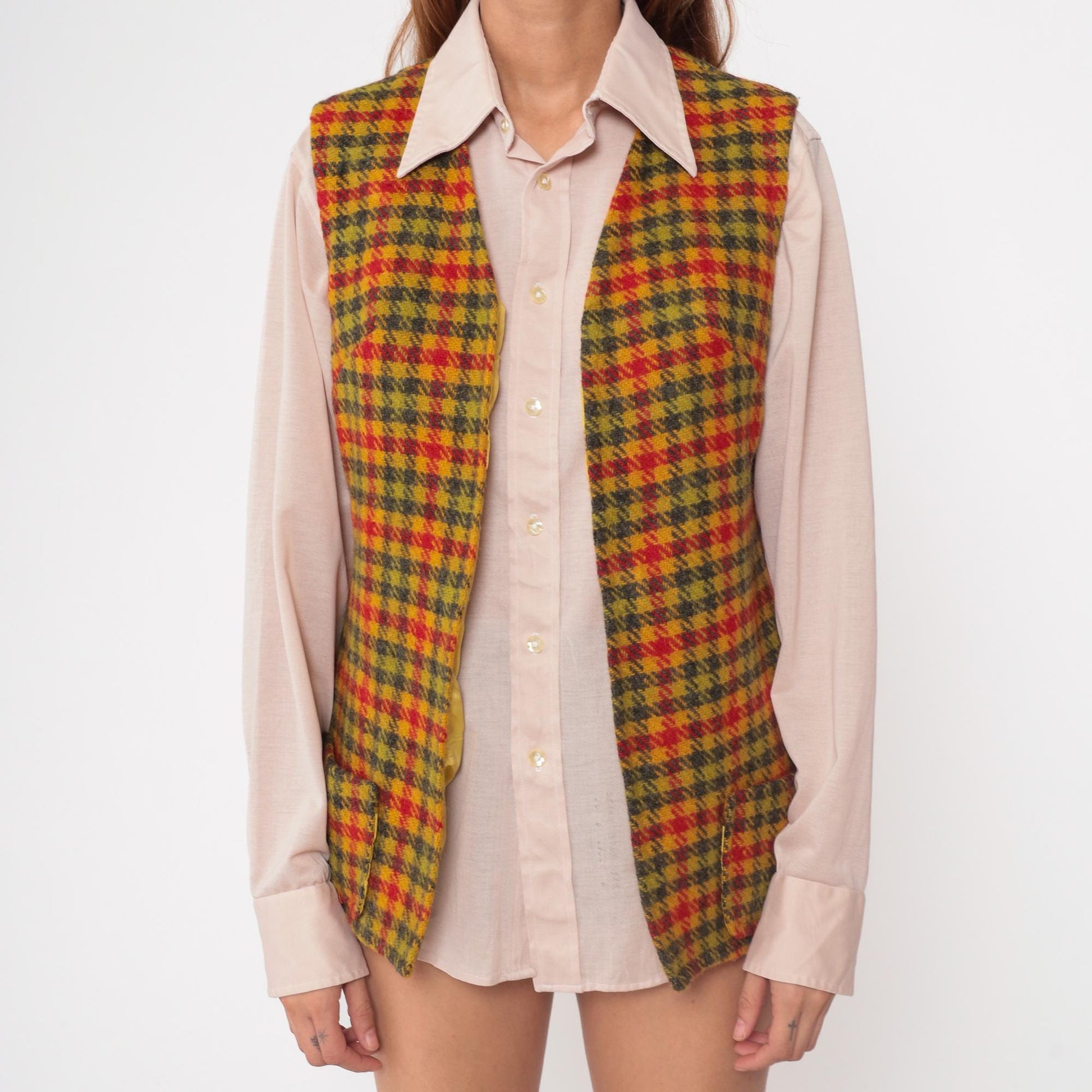 70s Plaid Wool Vest Mustard Red Green Tartan Check Small S