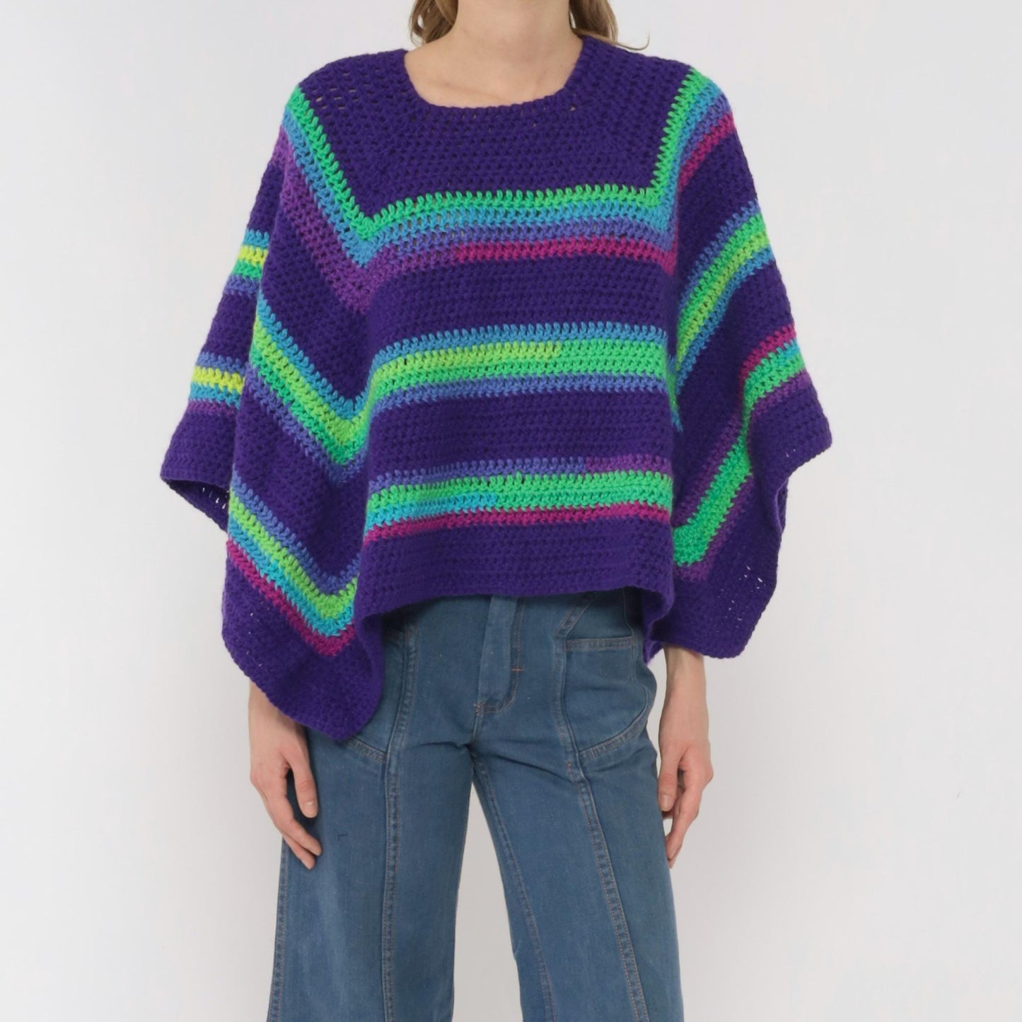 90s Purple Crochet Poncho Rainbow Stripe Square Neck One Size