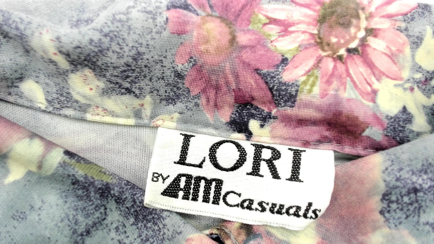70s Lori Watercolor Floral Button Blouse Purple Pink Long Sleeve Small