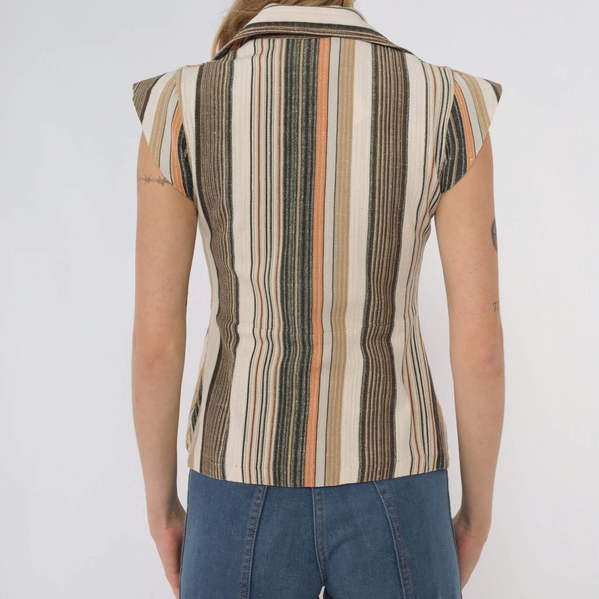 70s Earth Tone Striped Button-Front Blouse Cap Sleeve Pointed Collar XS