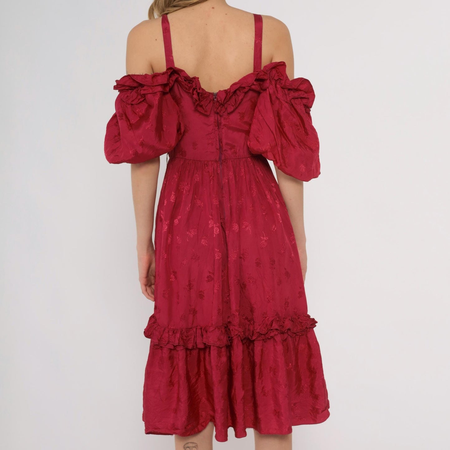 80s Burgundy Off-Shoulder Midi Dress Puff Sleeve Tiered Ruffle Small