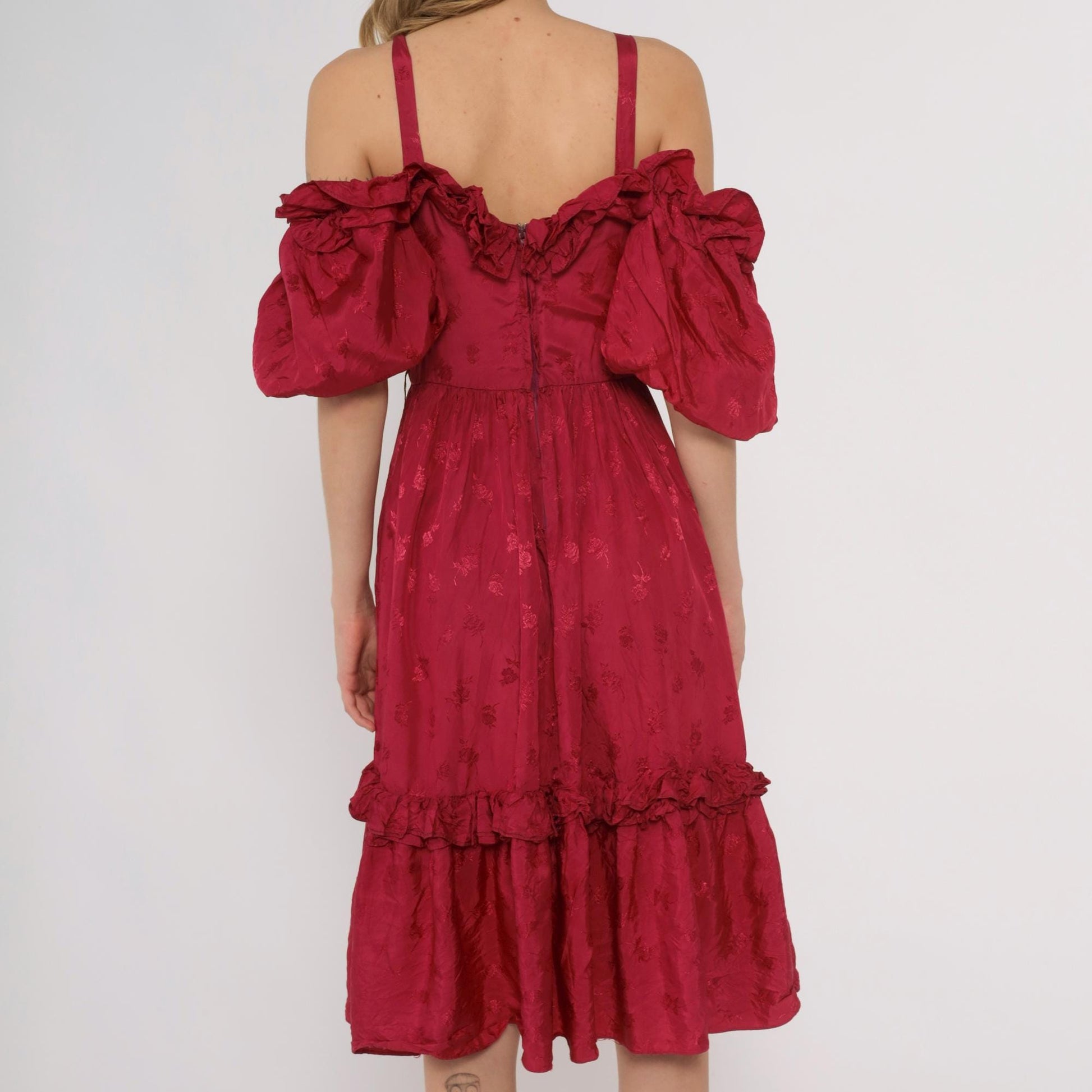 80s Burgundy Off-Shoulder Midi Dress Puff Sleeve Tiered Ruffle Small