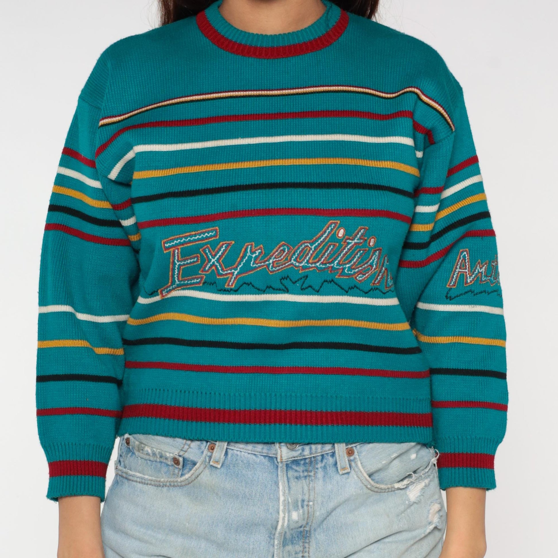 90s Teal Striped Crewneck Sweater Expedition Antarctic Embroidered XS