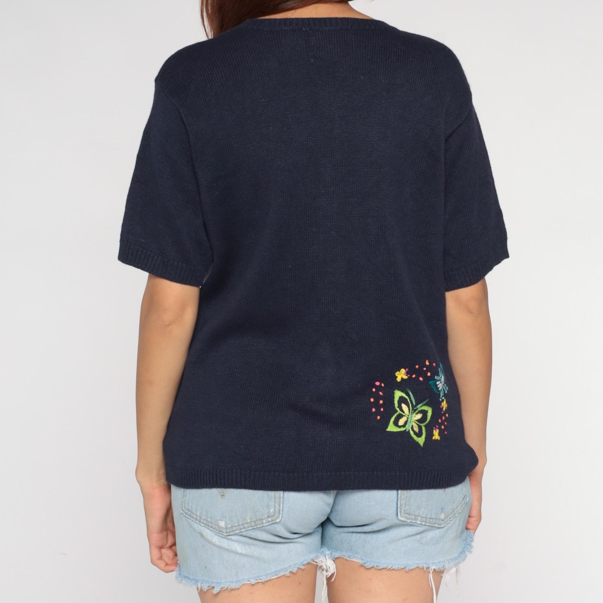 90s Navy Embroidered Butterfly Cardigan Short Sleeve Button Front Large L