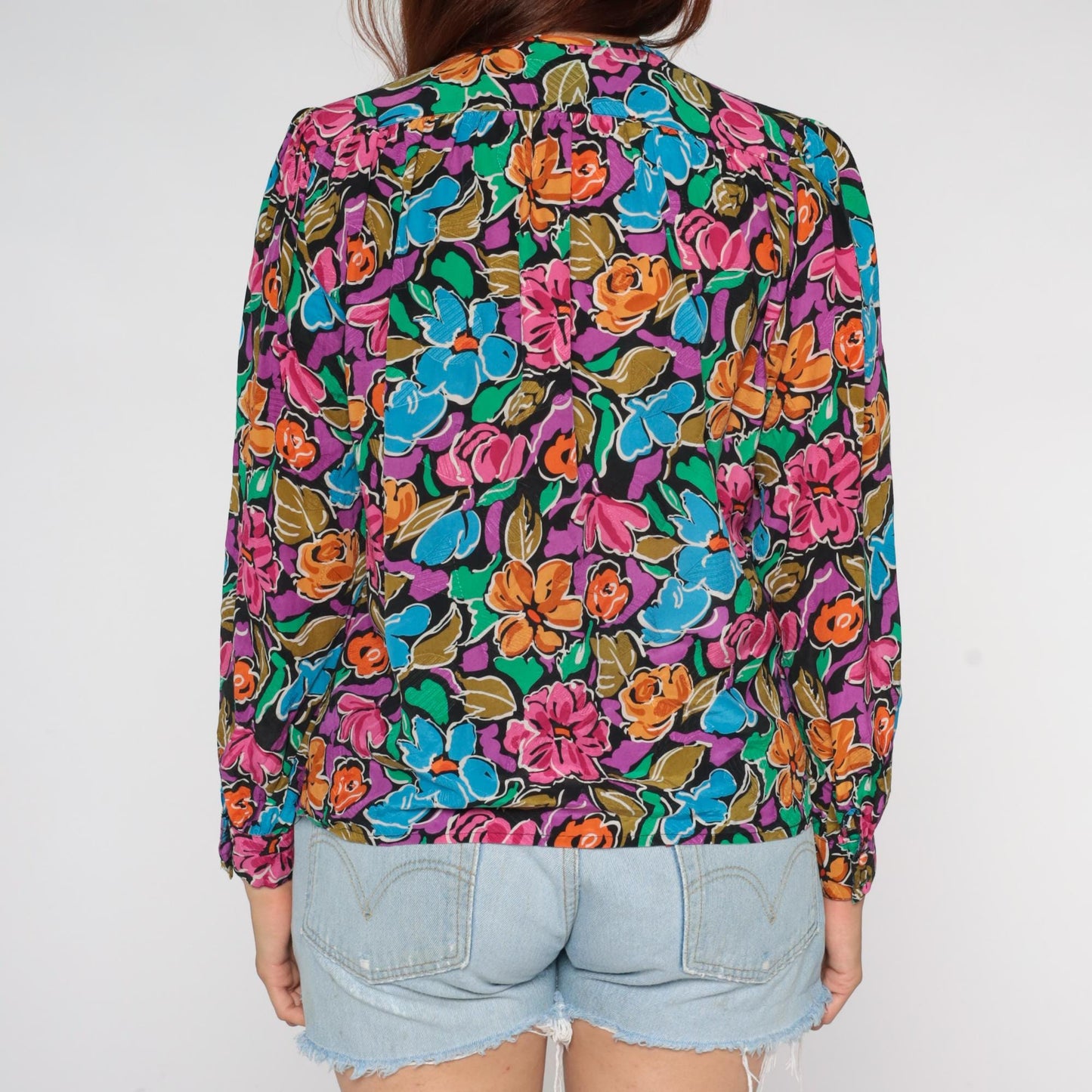 90s Silk Floral Blouse Jewel Neckline Long Sleeve Multicolor Small S