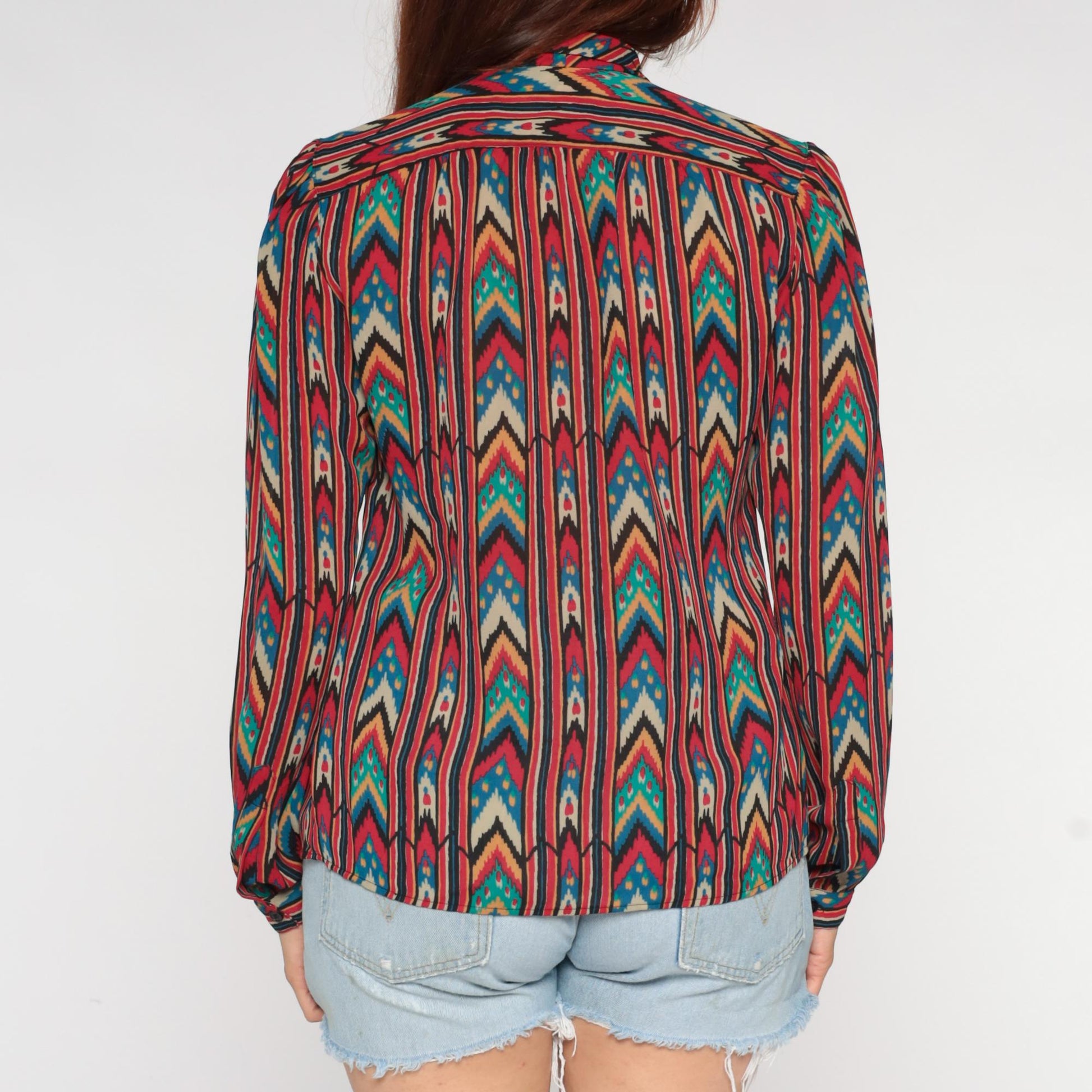 90s Regina Porter Geometric Chevron Blouse Neck Tie Multicolor Medium