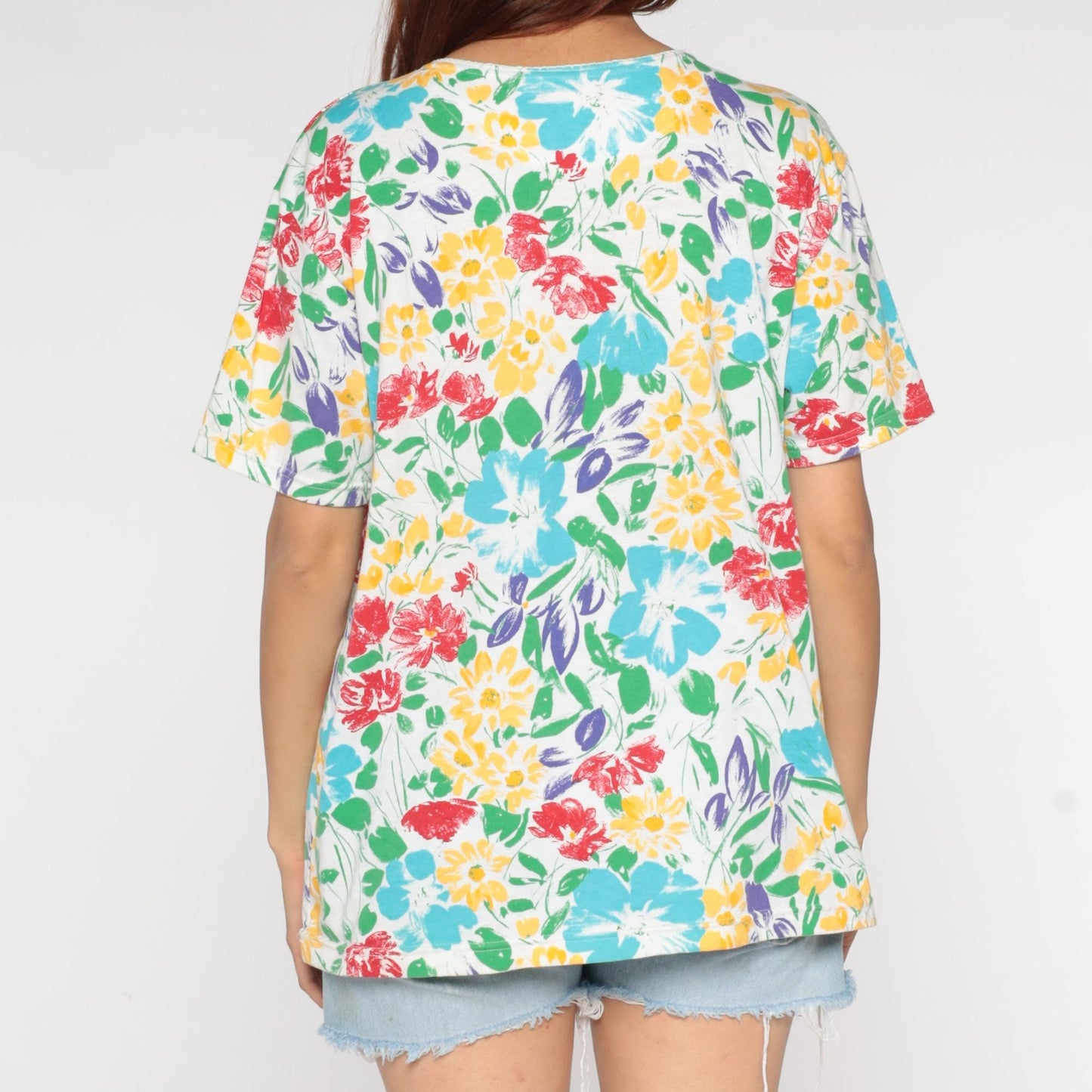 90s Basic Editions Floral T-Shirt Multicolor Watercolor Daisy White Large L