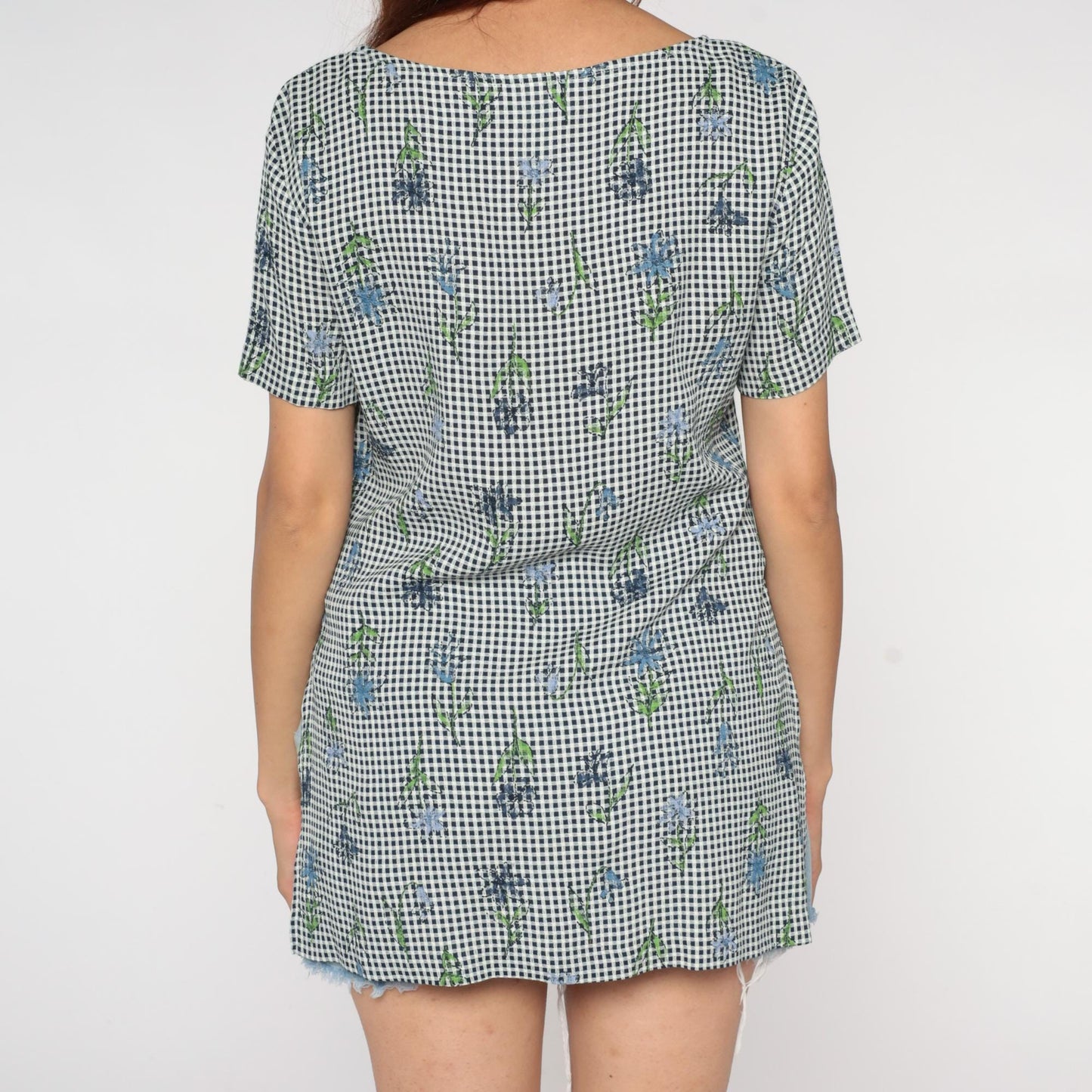 90s Jadyn T Gingham Tunic Black White Floral Embroidered Small