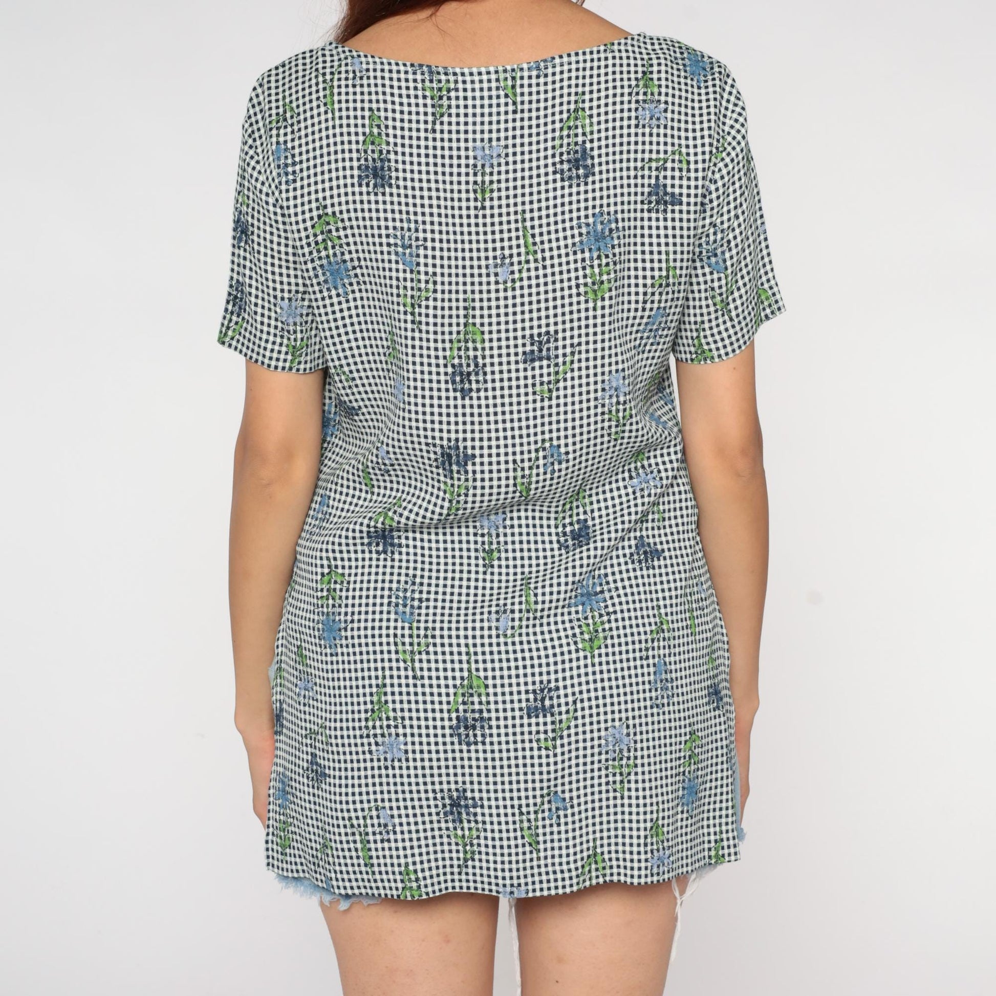 90s Jadyn T Gingham Tunic Black White Floral Embroidered Small