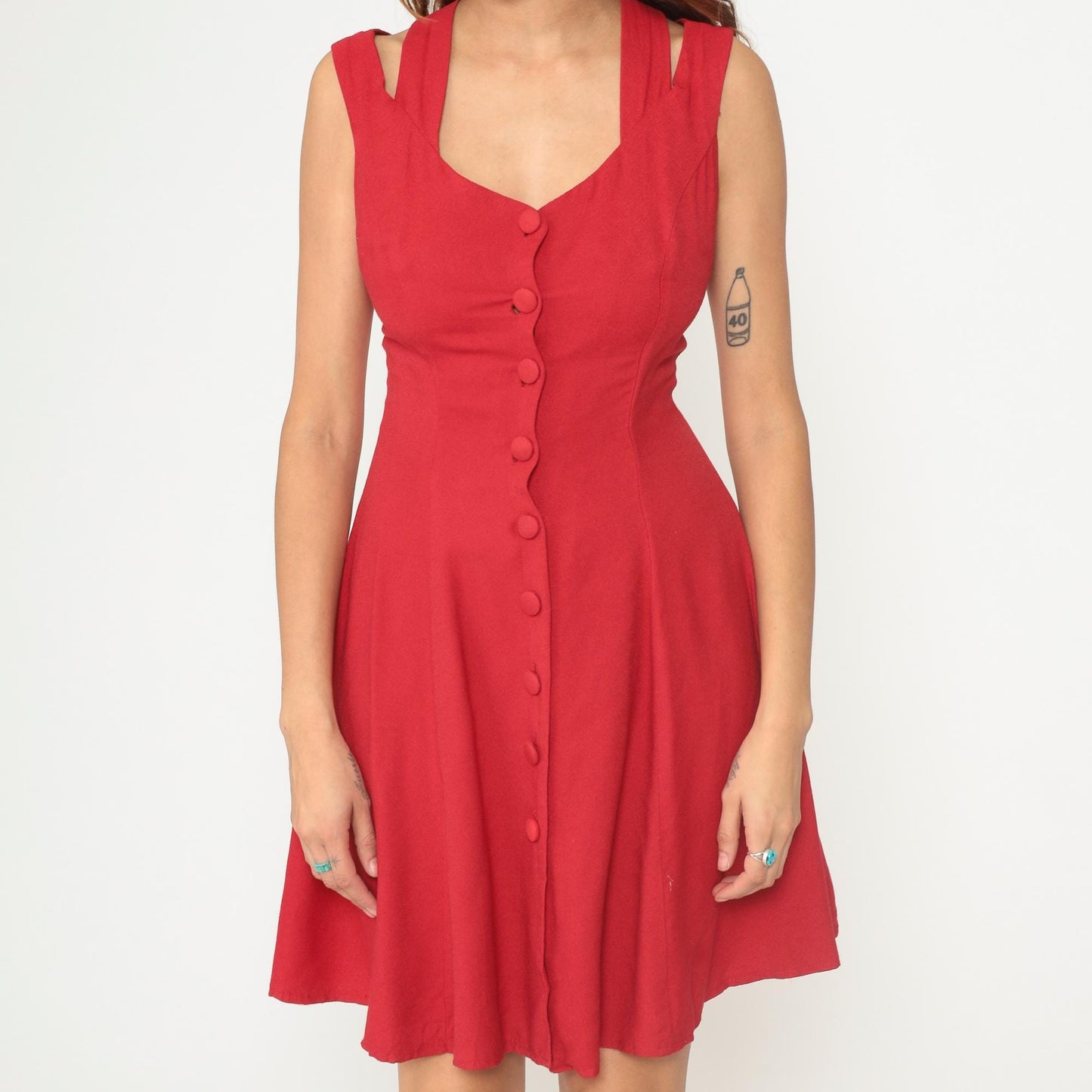 90s Tomato Red Mini Dress Cross-Back Button Front Sweetheart Neckline Small