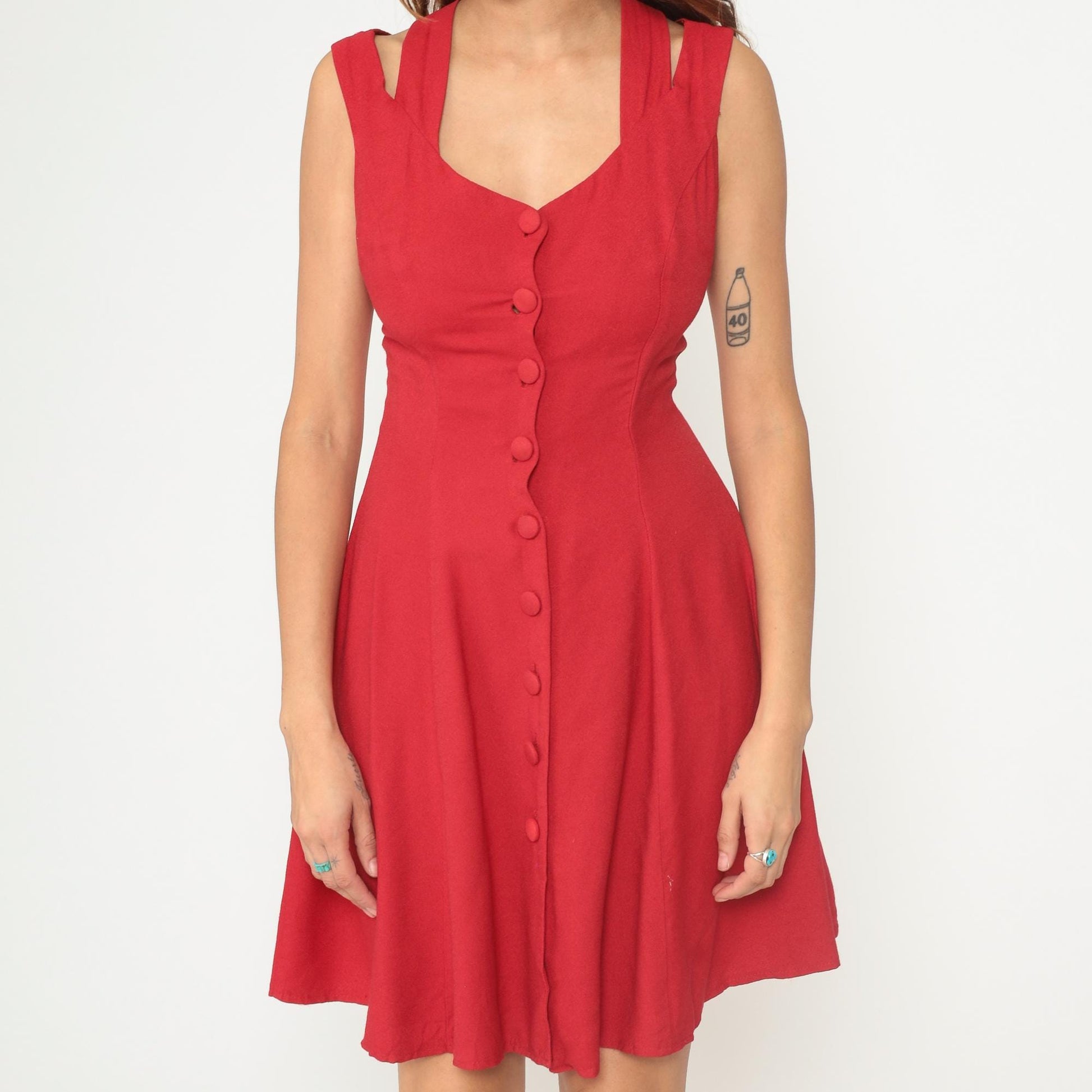 90s Tomato Red Mini Dress Cross-Back Button Front Sweetheart Neckline Small