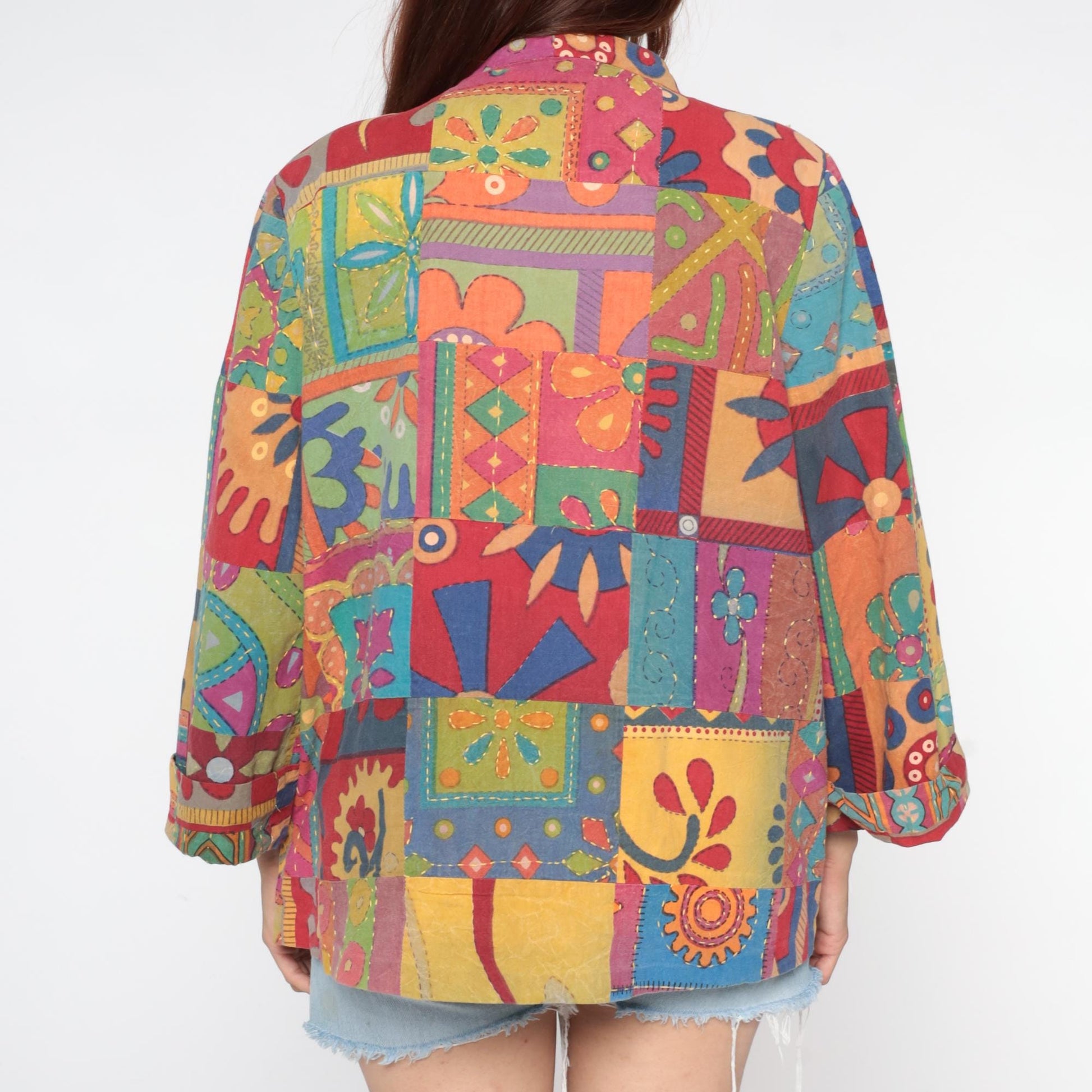 Y2K Rainbow Patchwork Cotton Jacket Embroidered Floral Button Front Extra Large