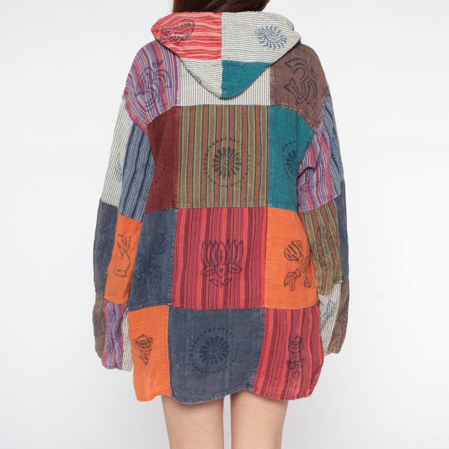 Y2K Patchwork Hoodie Block Print Cotton Button Front Medium Large