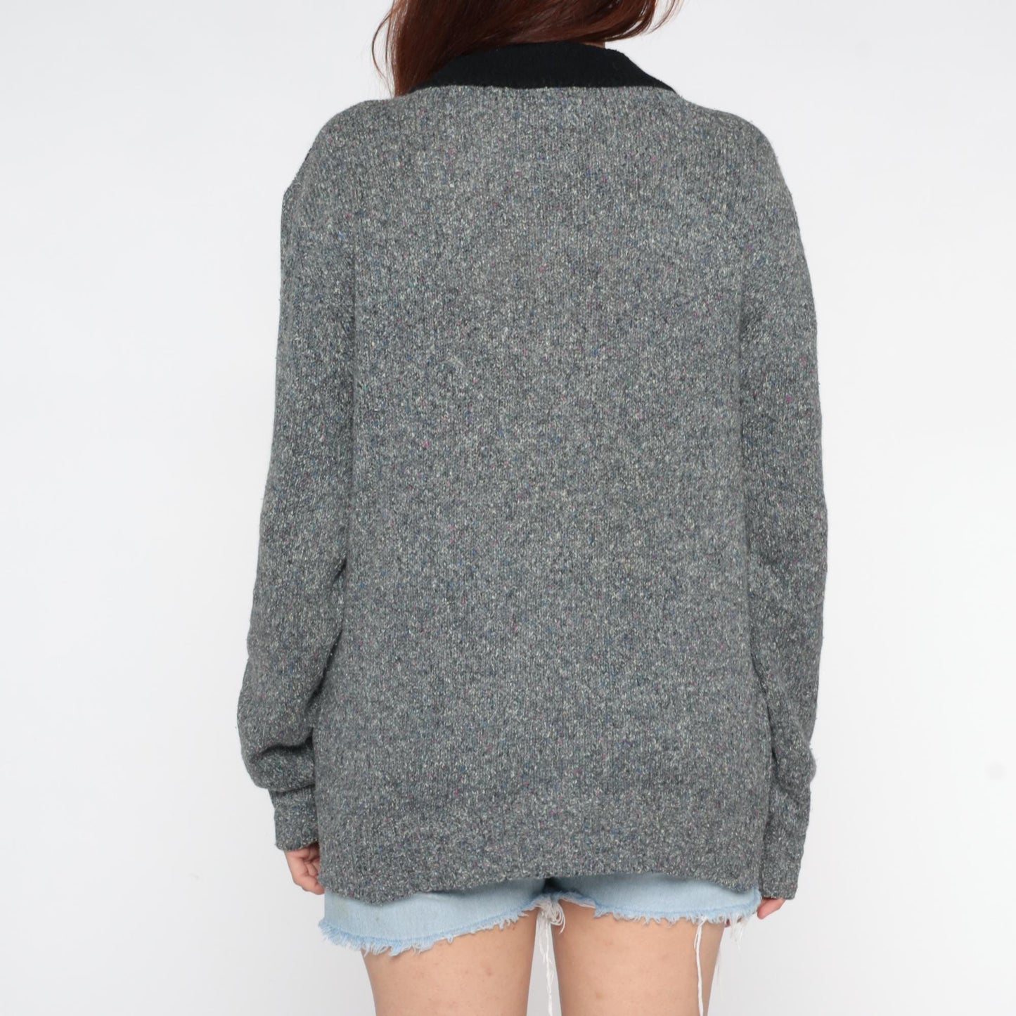 90s Forecast Chevron V-Neck Sweater Grey Black Trim Extra Large XL
